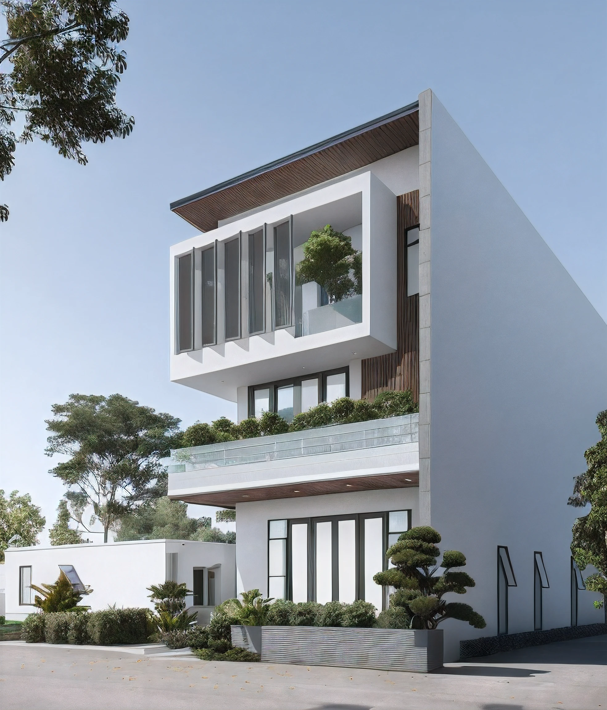 arafed modern house with a lot of windows and a lot of trees, realistic architecture, inter dimensional villa, professional render, precise architectural rendering, realistic render, overall architectural design, render in vray, architectural visualization, semi - realistic render, a photorealistic rendering, highly rendered!!, contemporary house, exterior design, very realistic 3 d render, hyper-realistic render