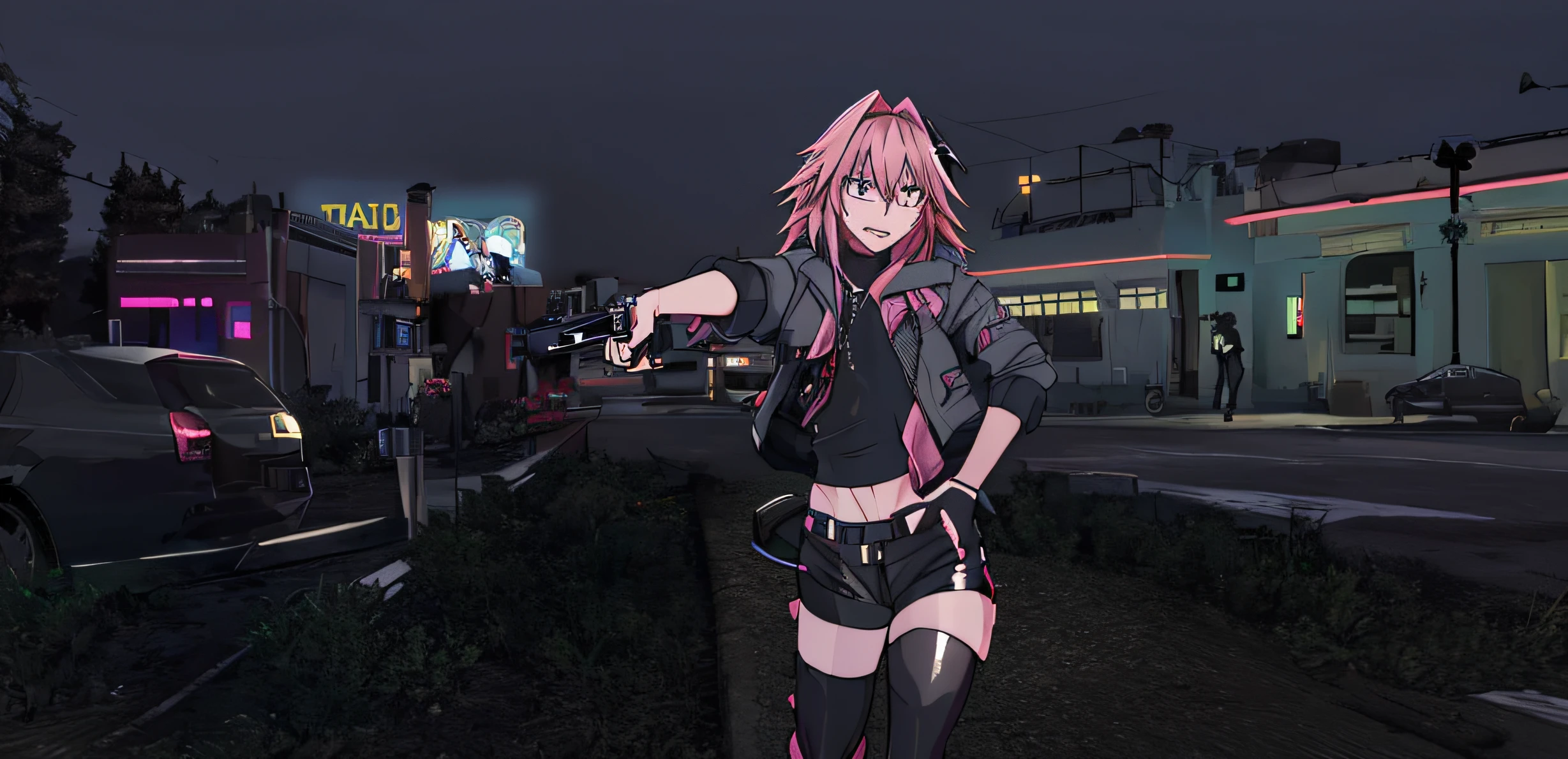 astolfo holding handgun, pistol, cute boy, thigh highs, night, city night, gta 5 style, astolfo shooting pistol, cute