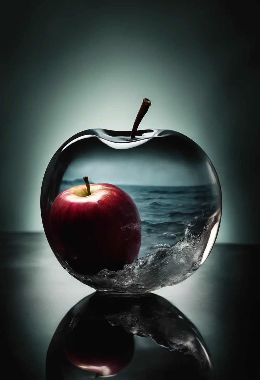 lovely double exposure image by blending together a stormy sea and a glass apple. The sea should serve as the underlying backdrop, with its details subtly incorporated into the glossy glass apple, sharp focus, double exposure, glossy glass apple, (translucent glass figure of an apple) (sea inside) lifeless, dead, glass apple, earthy colors, decadence, intricate design, hyper realistic, high definition, extremely detailed, dark softbox image, raytracing, cinematic, HDR, photorealistic (double exposure:1.1)