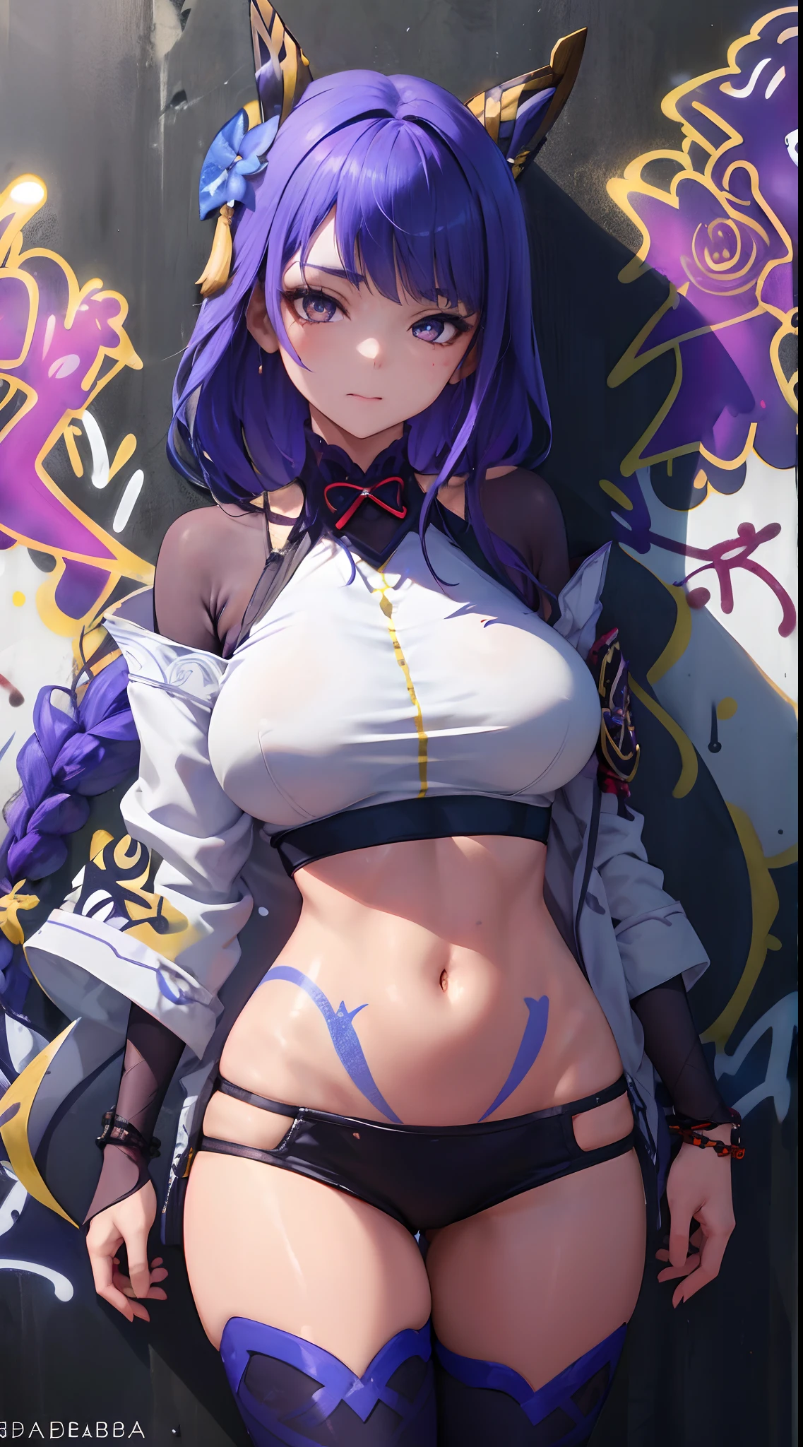 Kujou Sara Genshin Effect, masterpiece, bestquality, 1girls, bara, crop top, choker, (Graffiti:1.5), color splashes, arm behind back, against wall, looking at the audience, bracelet, Thigh strap, Paint on the body......................, Head tilt, bored, multicolored hair, water eyes, headset,