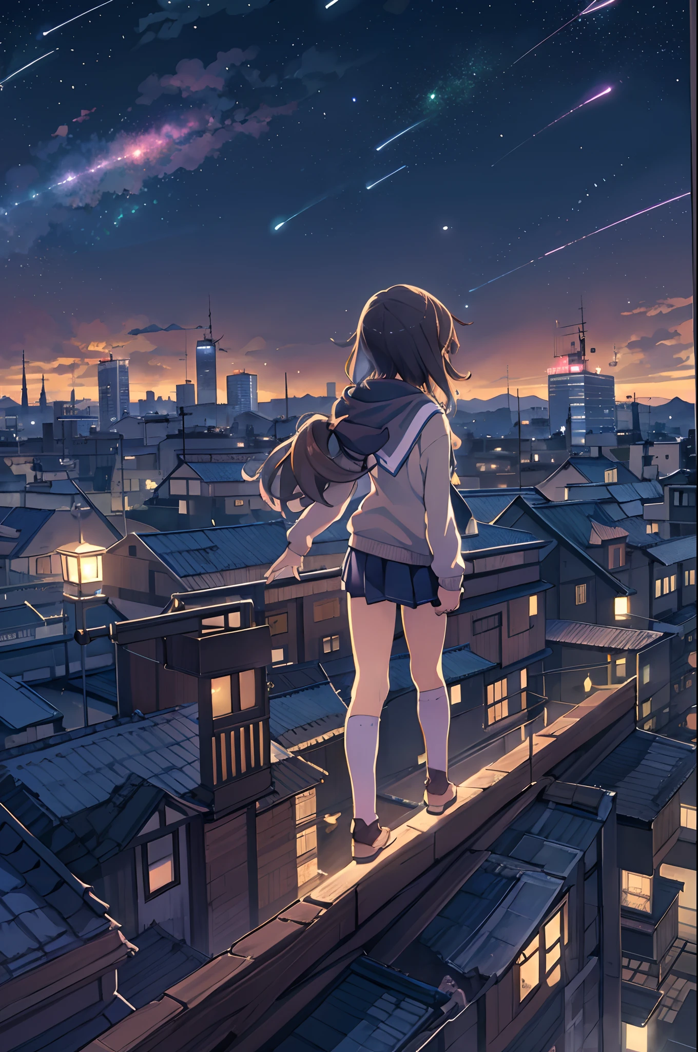 Anime girl standing on rooftop looking at stars and night sky, anime wallpaper 4k, anime wallpaper 4 k, 4k anime wallpaper, Anime art wallpaper 8k, anime art wallpaper 4k, anime art wallpaper 4k, anime style 4 k, makoto shinkai cyril rolando, 4 k manga wallpaper, anime wallpaper, amazing wallpapers, shooting stars