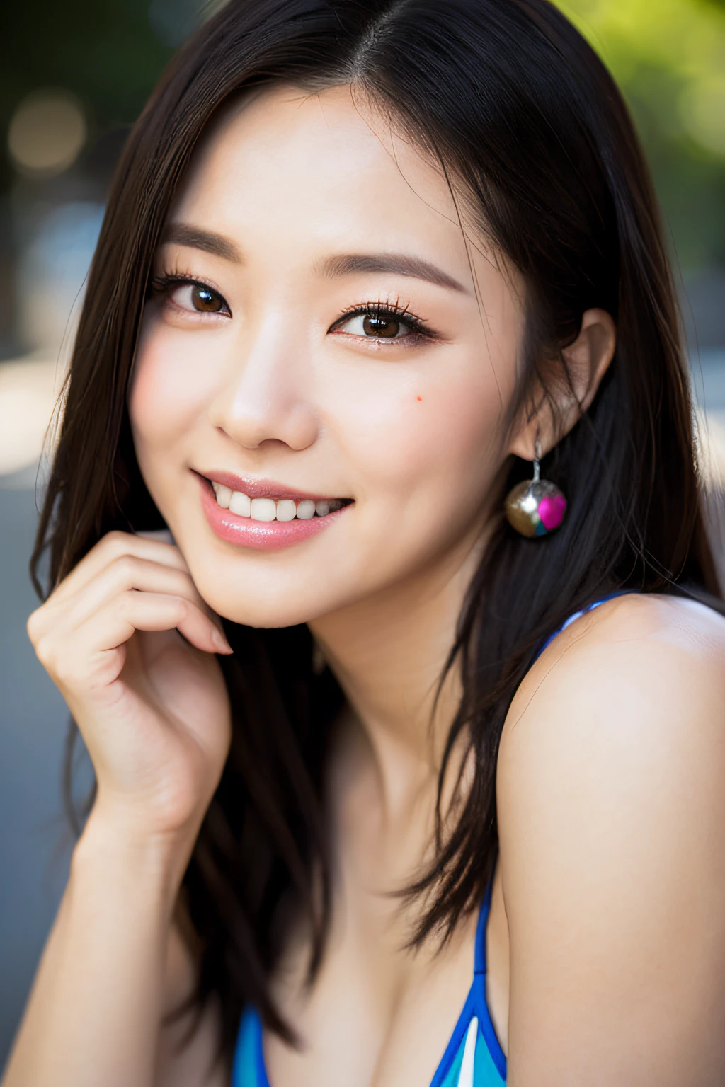 black hair, hair bobbles, longeyelashes, solid circle eyes, light smile, mole under eye, heart-shaped pupils, longeyelashes, Surrealism, drop shadow, anaglyph, stereogram, tachi-e, pov, atmospheric perspective, depth of field, first-person view, bokeh, f/1.8, 8k, super detail, ccurate, best quality, best quality, high quality, high details, super detail,bikini,smile,large breasts,cowboy shot,light colorful,(beautiful and sharp nose:1.1)
