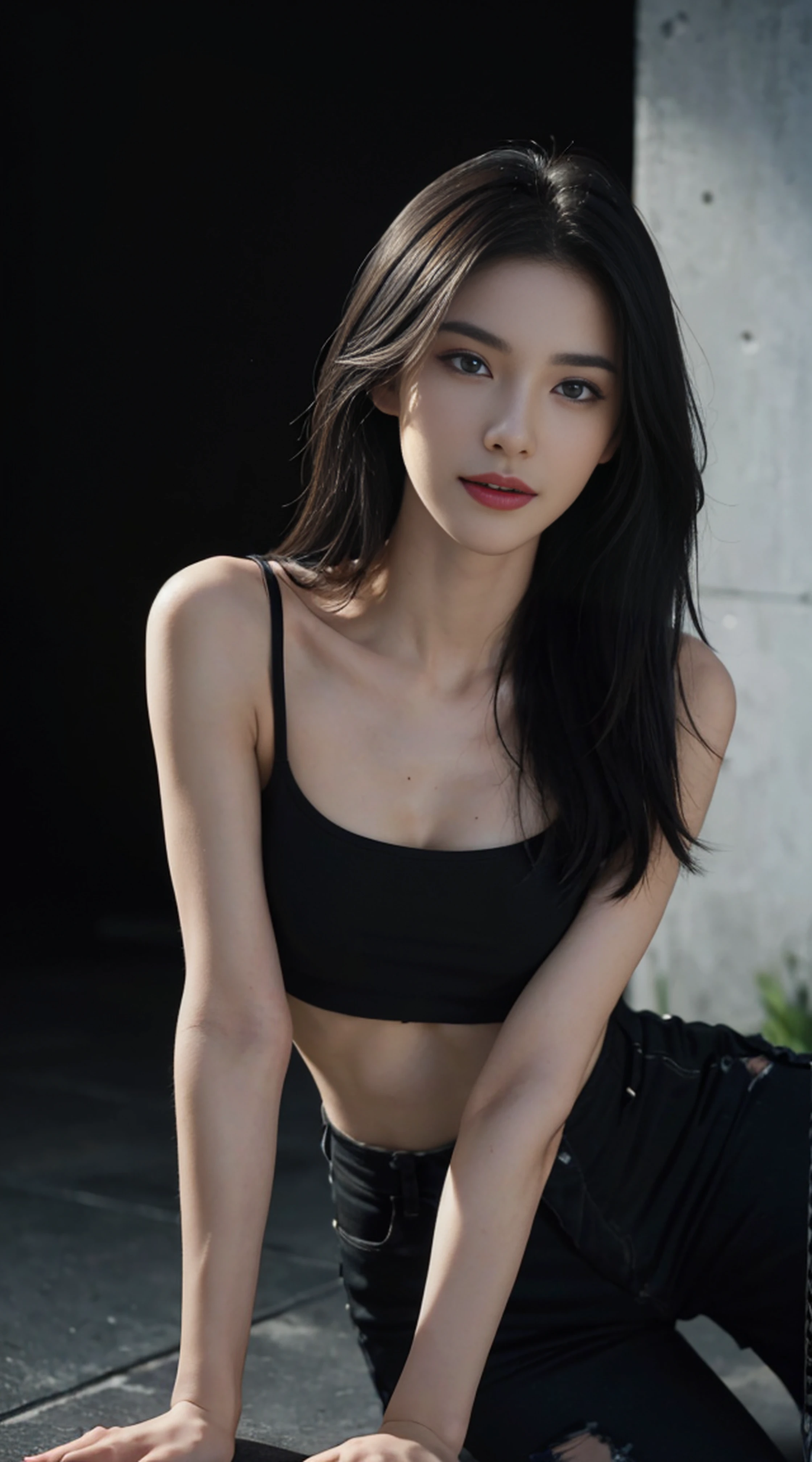 8K, Top Quality, Intricate Details, Ultra Detail, Ultra High Resolution, Masterpiece, random angle,  Slender, Smile, (Makeup: 0.4), (Fluffy Blue Eyes: 1.21), blue Eyes,, ((full body)), 1girl, solo, 1 girl, (( full body)),  close-up shot,  , , ((tall)), (((fit body))), (((slim face))), sharp face, sharp eyes, (((black hair, long hair, ))  ,(detailed face), sharp face, small lips, thin lips, holding gunblade,
 (( torn crop top, torn black ankle pants )),  detailed face, detailed breast, , large breast, detail, , Beautiful girl with accentuated slender abs: 1.4, Six Pack Abs: 1.4, Bust Botox, Big, Perfect Body, detail leg, (( moonlight)), cyber city,