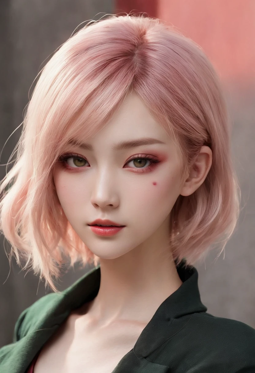 (((A deep reddish scar runs across her left cheek))) light skinned, Women around 19 years old, Natural blonde hair, Distinctive green eyes, Clothes in the world of anime, slender and graceful,, Beautiful, Streets of Tokyo, Ultra Sharp Focus, realistic shot, Tetradic color (Scar:1.4)、Hairstyles that look like they'd look like they'd look like in Dragon Ball、asian human、Flashy hair
