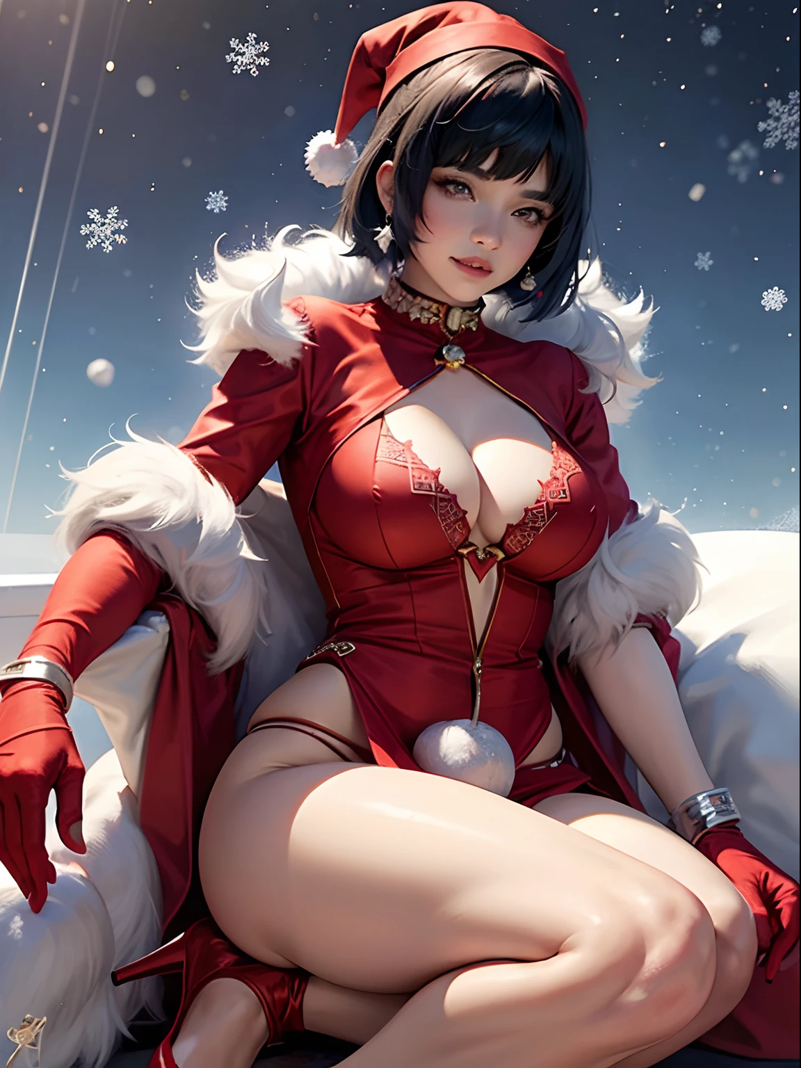 Yelan,red dress, white fur,((see through)), extremely detailed,(( thong))),grinning, realistic anime, red heels, (((Christmas))), cleavage, wide hips, 20 year old woman
