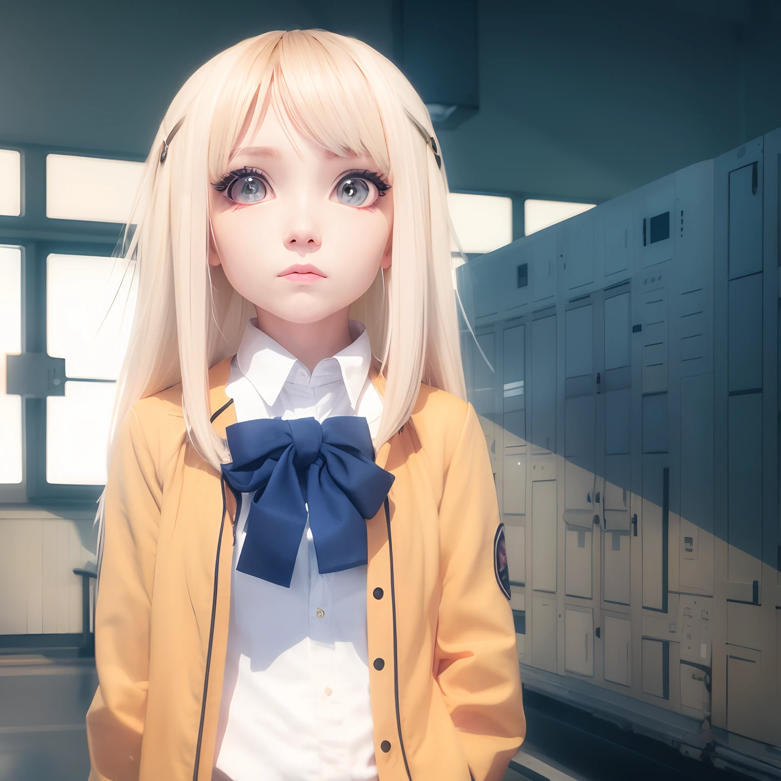 1girl, solo, blonde hair, red eyes, yellow jacket, white uniform,
