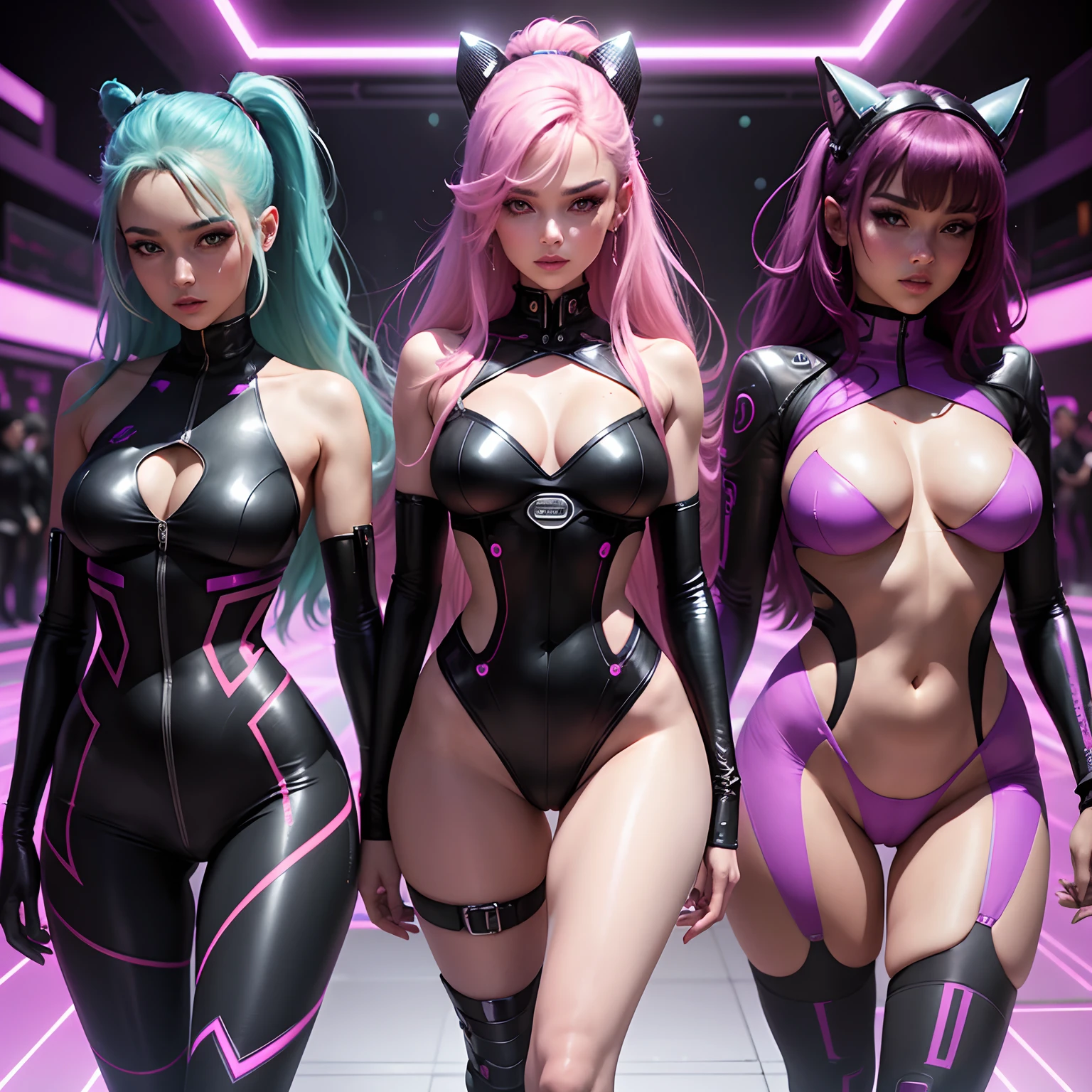 Set in a vibrant futuristic world. Brilliant neon lights paint the backdrop. Cyberpunk girls strut the runway showcasing their exquisite curves. Their metallic couture gleams, reflecting hues of electrifying pinks, vivid purples, and luminescent blues. Body-hugging outfits accentuate their futuristic allure as they confidently sashay with an air of unrestrained individuality. Thrilling music pulses through the scene, creating an atmosphere alive with high-energy, as they confidently embrace the future of fashion. Let the intensity and allure of this cyber fashion show encapsulate the essence of your artwork.