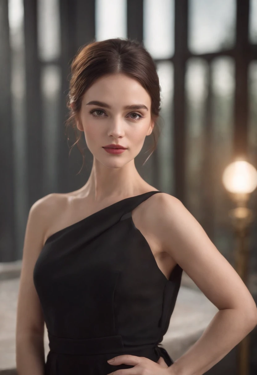 Beautiful woman in black dress with elegant and cool style, stand, high quality, light reflection