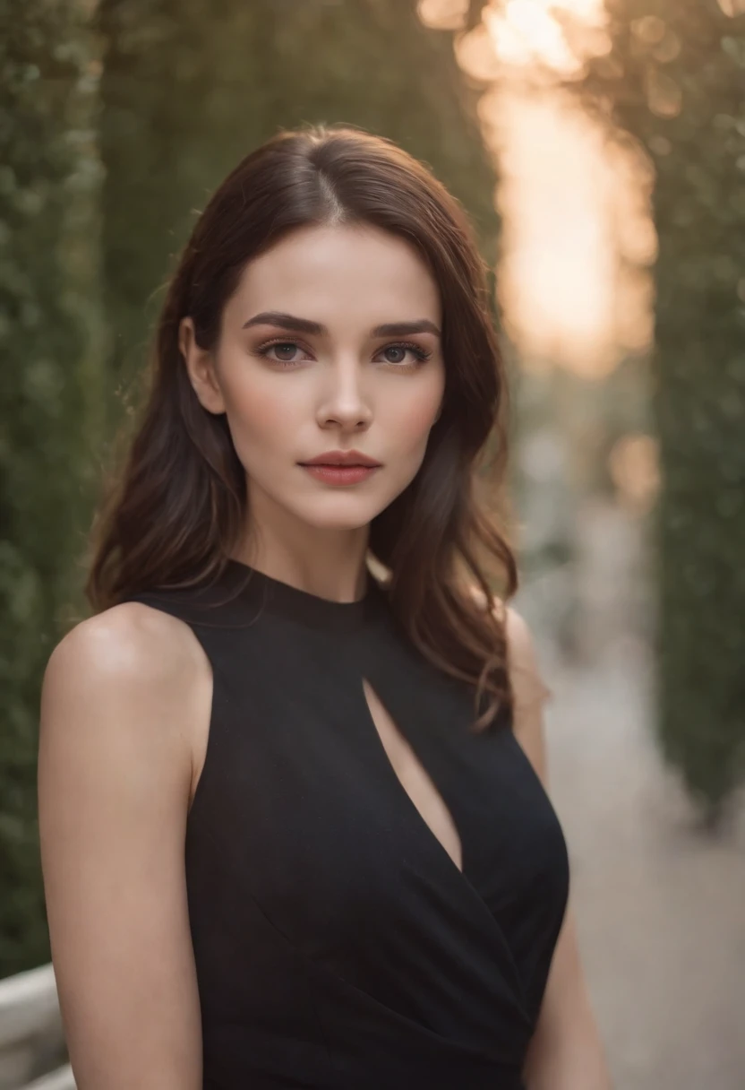Beautiful woman in black dress with elegant and cool style, stand, high quality, light reflection