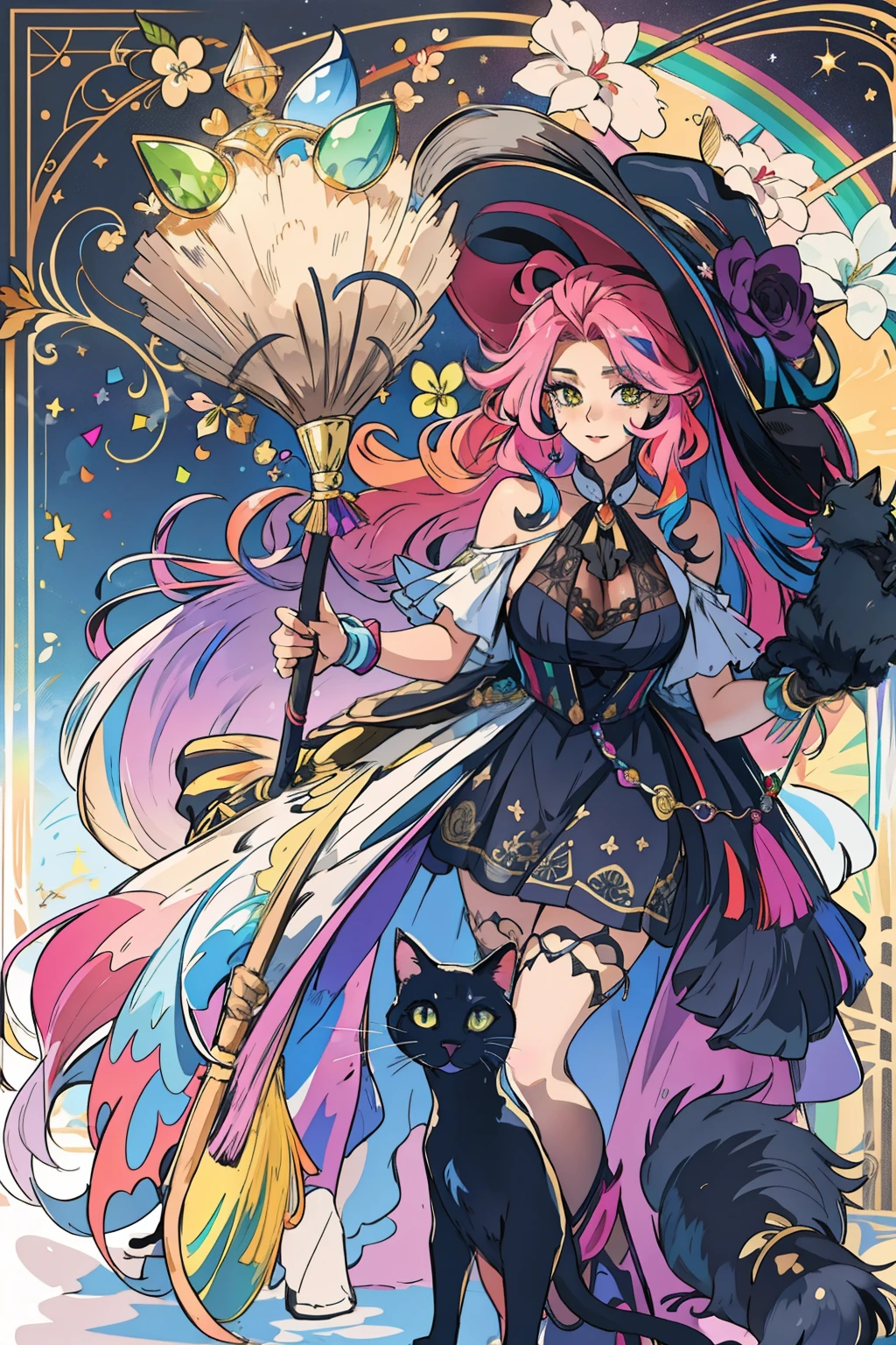 masterpiece, best quality, 1beautiful rich women with rainbow hair, big Which hat, a black cat on her right shoulder, holding the broom on her left hand, wild hair, mane,