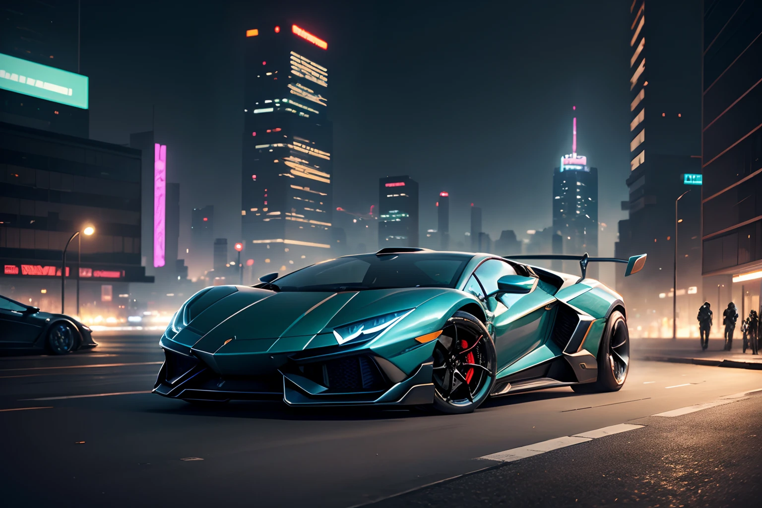 Wallpaper, cyberpunk city in background, future supercar like lamborghini, zoomed out, whole picture