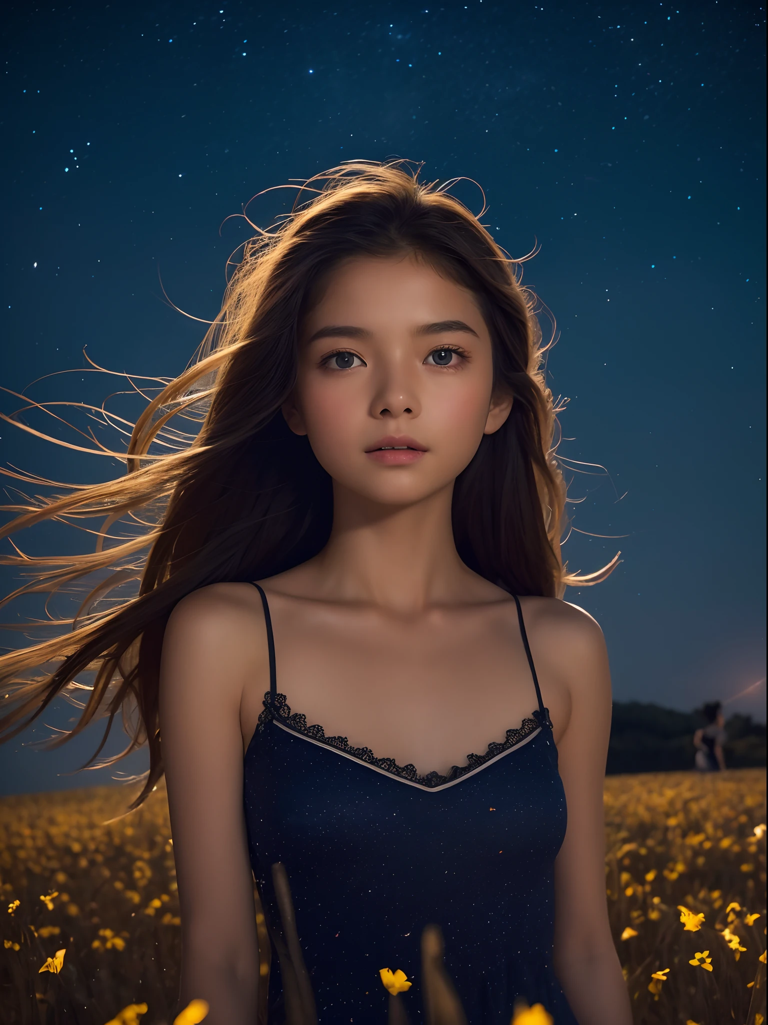 8K、12-year-old beautiful girl, length hair, starryskybackground、detailed beautiful faces、Camisole Dresses, flower  field、Night、Like a scene from a movie、(((Very strong wind)))