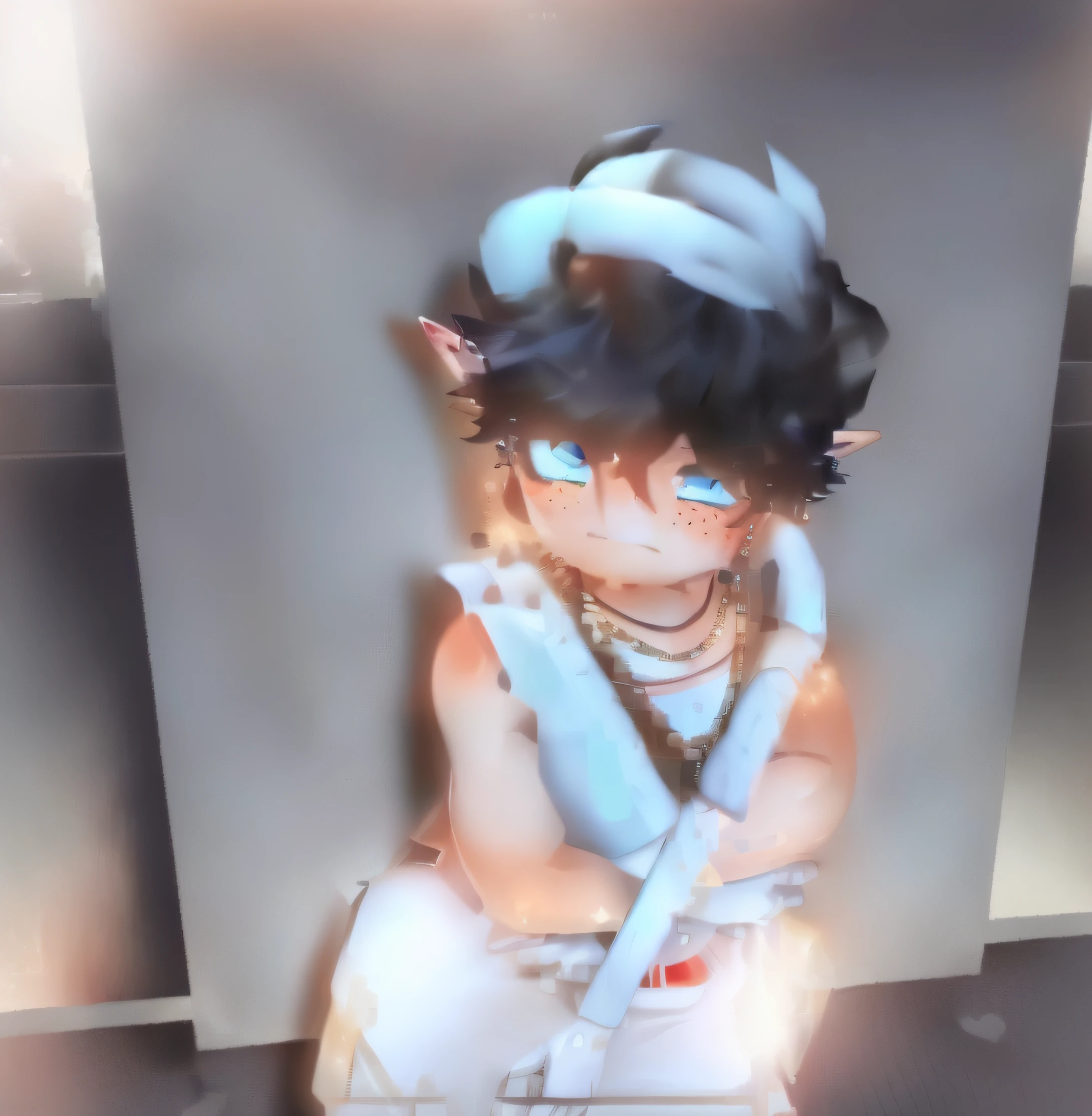 ((masterpiece, best quality)), (1boy), (solo), (male focus), (ahoge, , short hair), blue eyes, light smile, closed mouth, ((white blue tank top ), (jewels on neck), (strong arms)), ((necklaces), (white baseball cap with light blue demon horns coming out of it )), ((, (( white long gloves on hands and arm)) ((blue fishnet shirt under tank top)) ((Elf ears)) ((glitter)) (shimmer) (( white rings)) ((white bracelets)) standing, pink background,, dynamic angle , high angle, (( earrings)) (blushing)) (( freckles)) ((black hair)) ((hands on hips)) buff arms , demon, seductive eyes