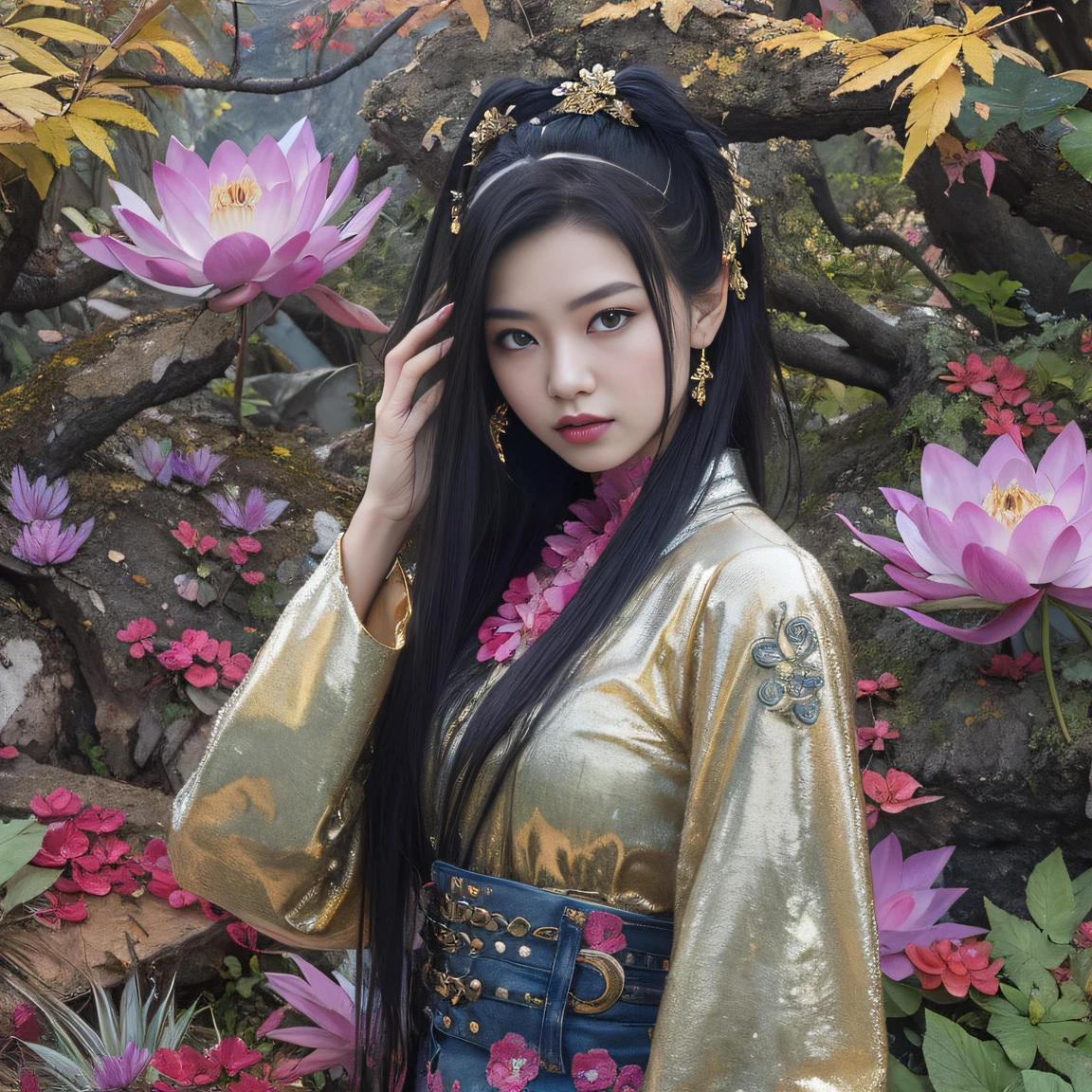Gold backstop 32K（tmasterpiece，k hd，hyper HD，32K）Long flowing black hair，ponds，zydink， a color， Aozhou people （Concubine girl）， （Purple silk scarf）， Combat posture， looking at the ground， long whitr hair， Floating hair， Carp pattern headdress， Chinese long-sleeved clothing， （Abstract gouache splash：1.2）， Pink petal background，Pink and white lotus flowers fly（realisticlying：1.4），Black color hair，Fallen leaves flutter，The background is pure， A high resolution， the detail， RAW photogr， Sharp Re， Nikon D850 Film Stock Photo by Jefferies Lee 4 Kodak Portra 400 Camera F1.6 shots, Rich colors, ultra-realistic vivid textures, Dramatic lighting, Unreal Engine Art Station Trend, cinestir 800，Long flowing black hair，Denim skirt