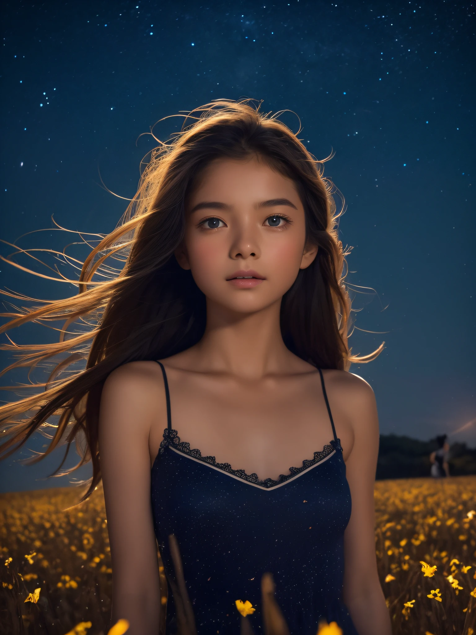 8K、-yeld beiful girl, length hair, starryskybackground、detailed beautiful faces、Camisole Dresses, flower field、Night、Like a scene from a movie、(((Very strong wind)))