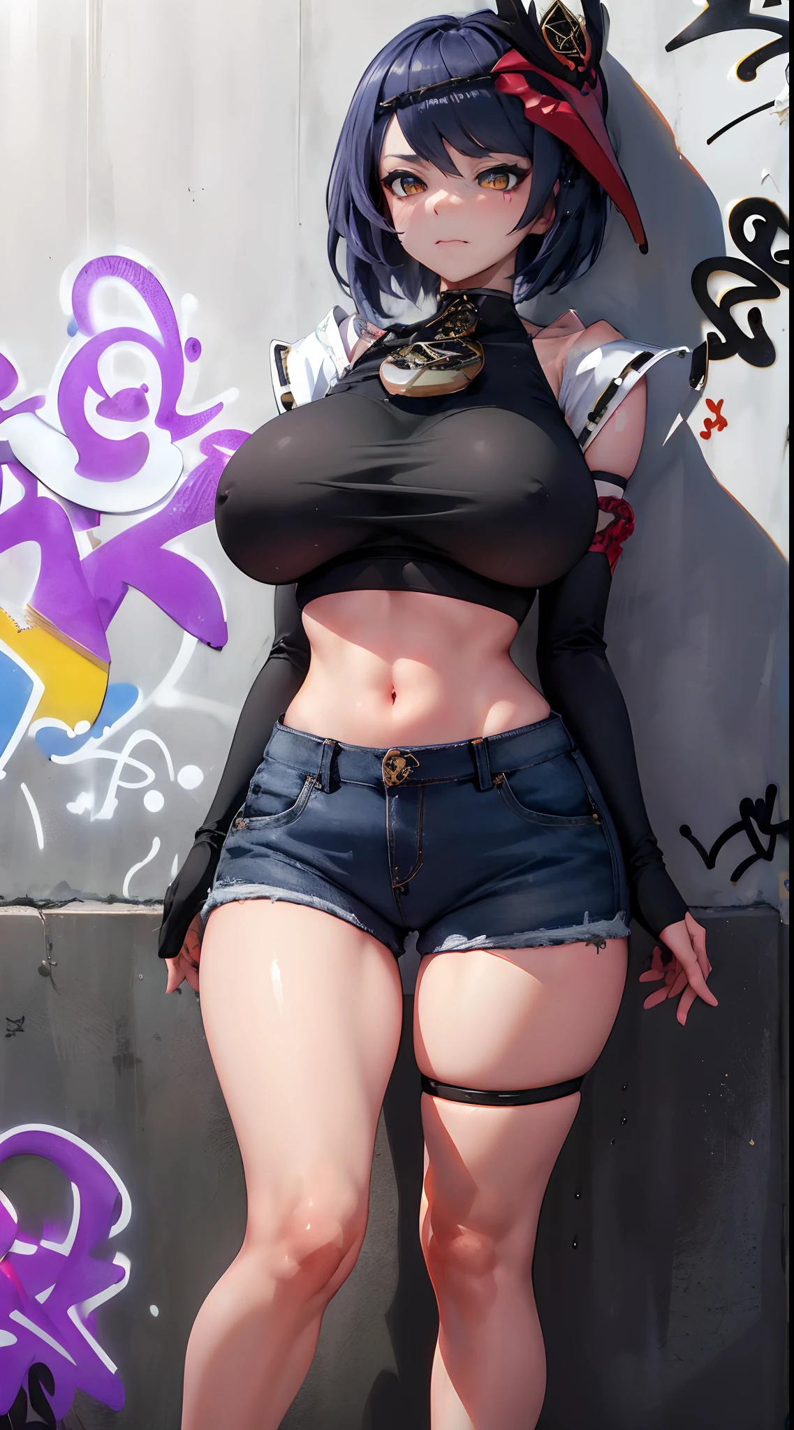 Kujou Sara Genshin Effect, masterpiece, bestquality, 1girls, gigantic breasts, bara, crop top, shorts jeans, choker, (Graffiti:1.5), Splash with purple lightning pattern., arm behind back, against wall, View viewers from the front., Thigh strap, Head tilt, bored, water eyes,