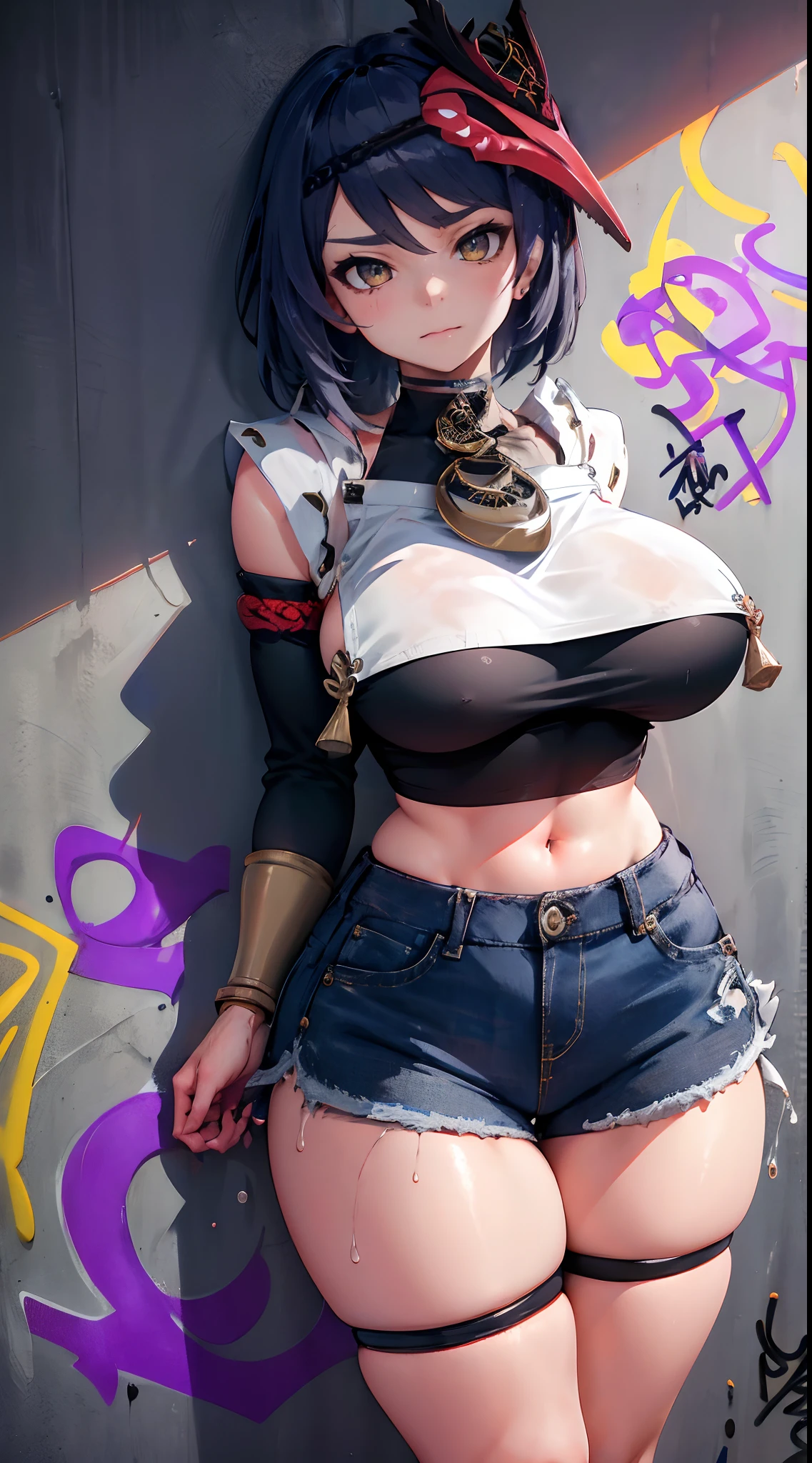 Kujou Sara Genshin Effect, masterpiece, bestquality, 1girls, gigantic breasts, bara, crop top, shorts jeans, choker, (Graffiti:1.5), Splash with purple lightning pattern., arm behind back, against wall, View viewers from the front., Thigh strap, Head tilt, bored, water eyes,