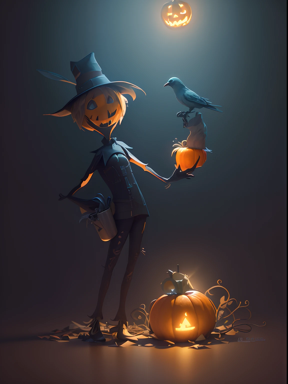 A detailed illustration friendly scarecrow with jack o-lanterns around, magic, t-shirt design, Halloween style, black color , light magic splash, gothic, t-shirt design, in the style of Studio Ghibli, pastel tetradic colors, 3D vector art, cute and quirky, fantasy art, watercolor effect, bokeh, Adobe Illustrator, hand-drawn, digital painting, low-poly, soft lighting, bird's-eye view, isometric style, retro aesthetic, focused on the character, 4K resolution, photorealistic rendering, using Cinema 4D
