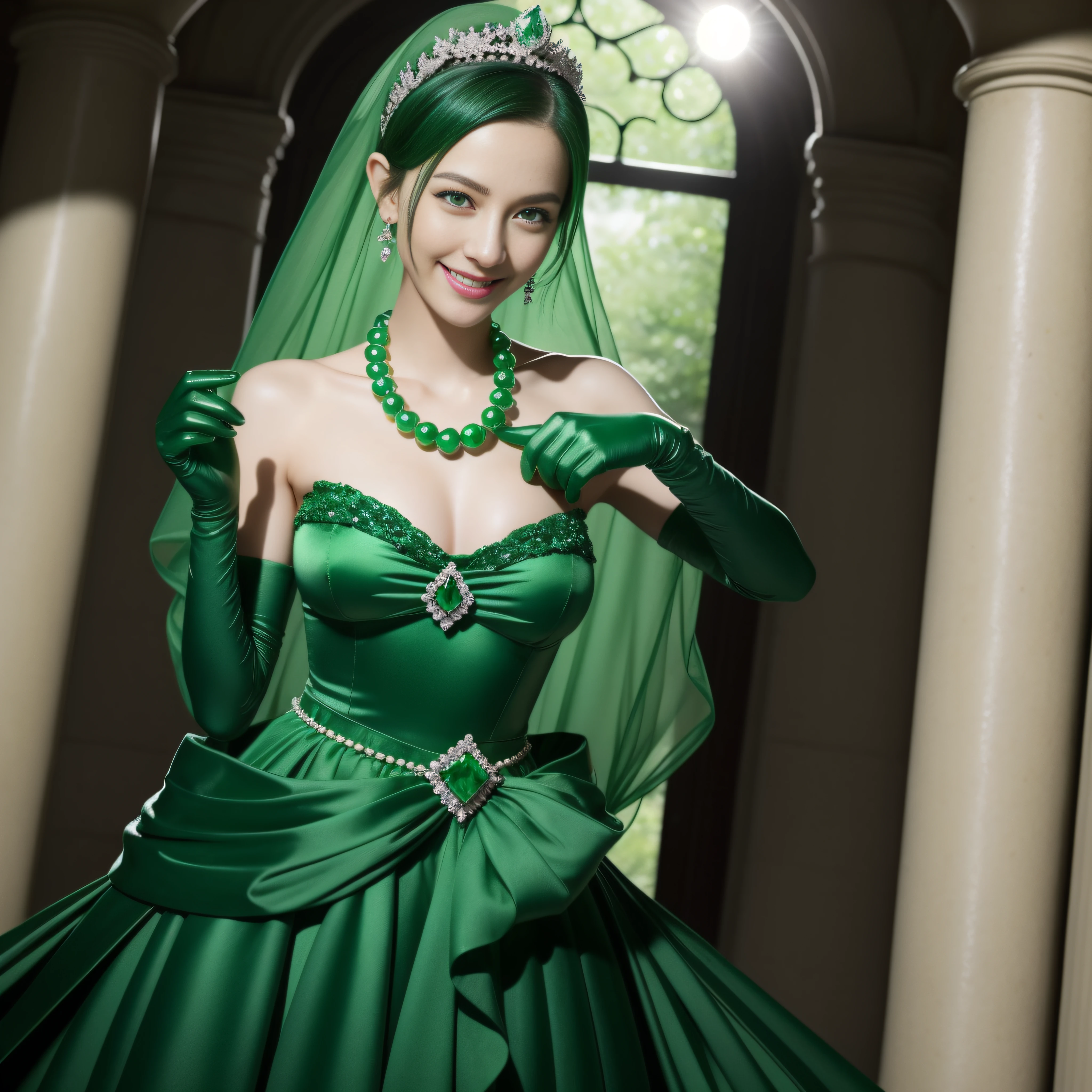 emerald tiara, Green Pearl Necklace, Boyish very short black hair, lipsticks, Japan woman smiling, very short short hair, big breasts beautiful, Green eyes, Long green gloves made of satin material, Green eyes, Emerald earrings