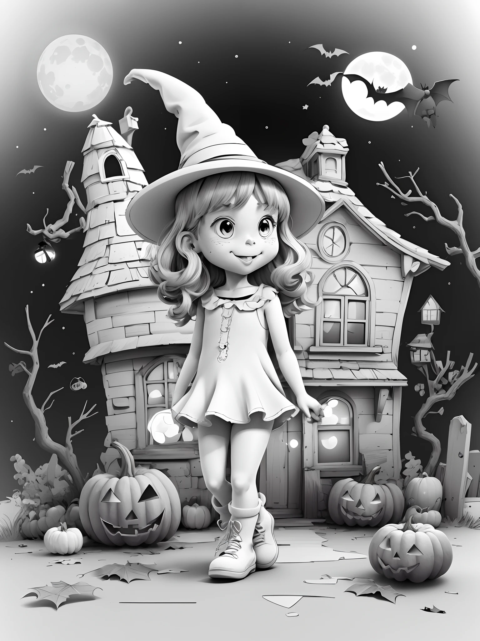 b/w outline art for kids coloring book page halloween Kids Kids coloring pages, Moon for Back, bat fly full white, kids style, white background, house old found whole body, Sketch style, full body (((((white background))))), only use outline., cartoon style, line art, coloring book, clean line art, white background, Sketch style.