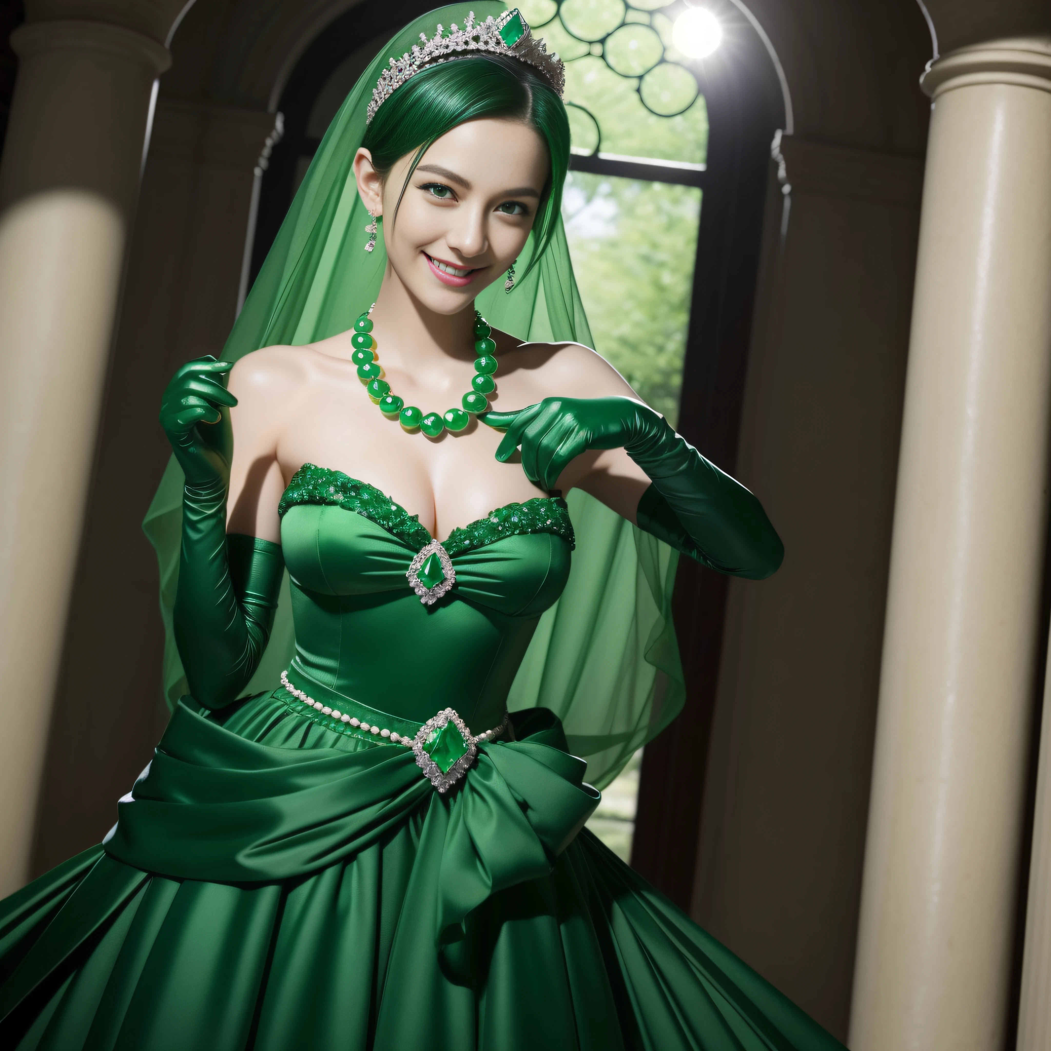 emerald tiara, Green Pearl Necklace, Boyish very short black hair, lipsticks, Japan woman smiling, very short short hair, big breasts beautiful, Green eyes, Long green gloves made of satin material, Green eyes, Emerald earrings