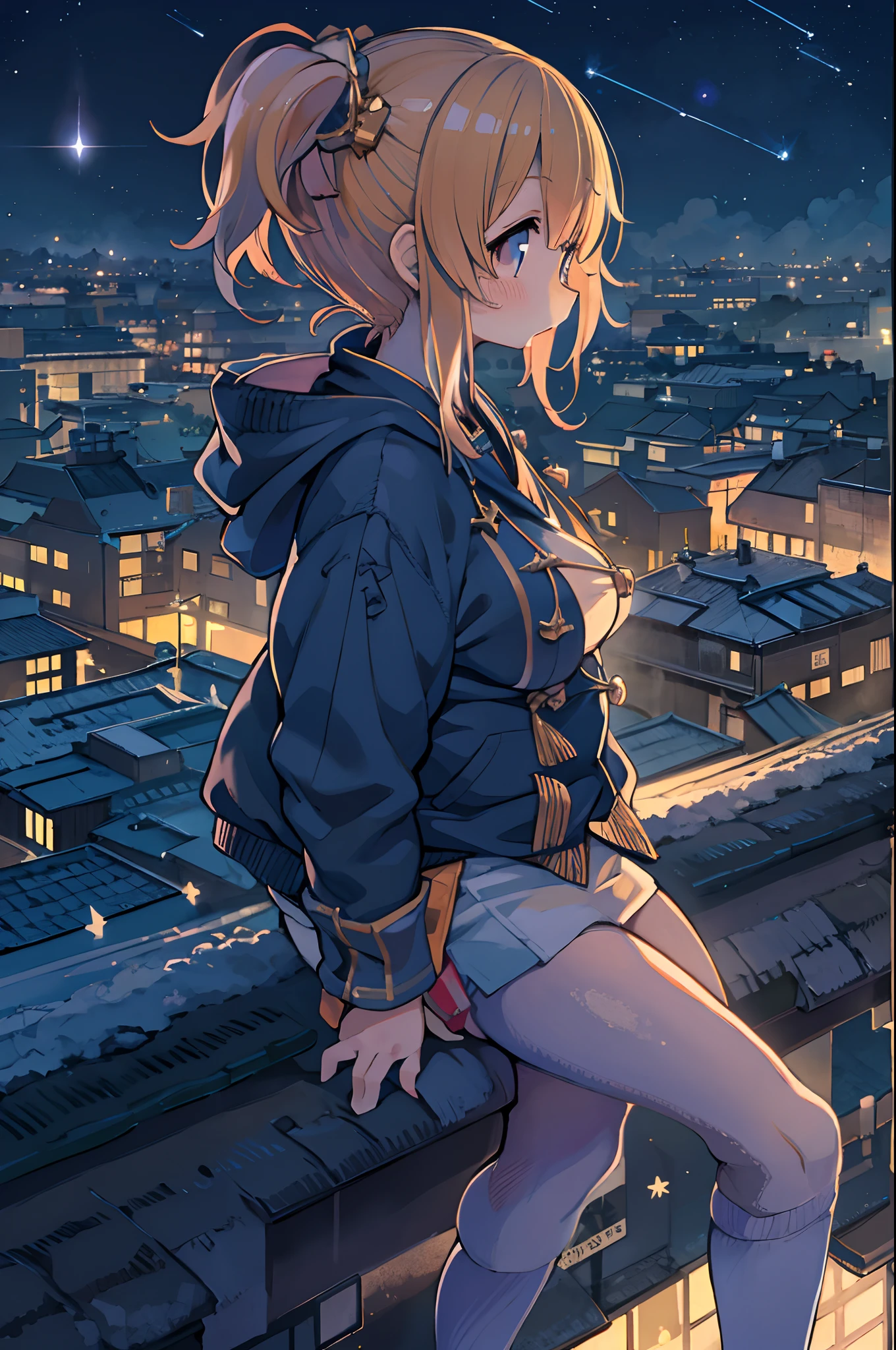 Anime girl standing on rooftop looking at stars and night sky, anime wallpaper 4k, anime wallpaper 4 k, 4k anime wallpaper, Anime art wallpaper 8k, anime art wallpaper 4k, anime art wallpaper 4k, anime style 4 k, makoto shinkai cyril rolando, 4 k manga wallpaper, anime wallpaper, amazing wallpapers, shooting stars、bbw,Large Thigh、huge-breasted