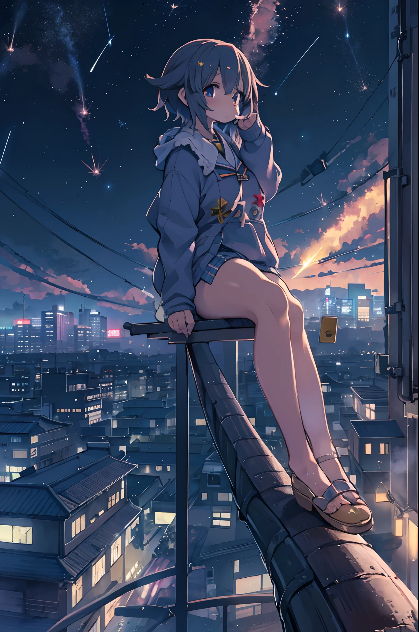 Anime girl standing on rooftop looking at stars and night sky, anime wallpaper 4k, anime wallpaper 4 k, 4k anime wallpaper, Anime art wallpaper 8k, anime art wallpaper 4k, anime art wallpaper 4k, anime style 4 k, makoto shinkai cyril rolando, 4 k manga wallpaper, anime wallpaper, amazing wallpapers, shooting stars、bbw,Large Thigh、huge-breasted