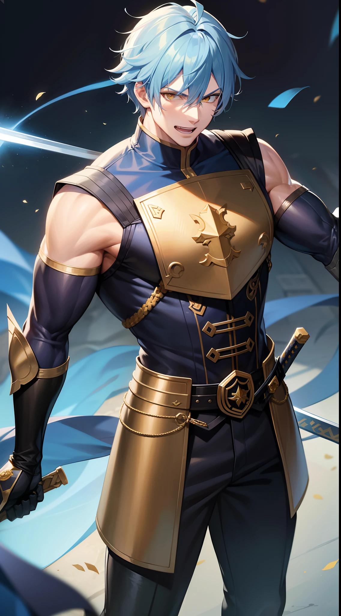 Grown-up guy, Long blue and white hair, Yellow eyes, musculature, smirk, open mouth, Black Mercenary Uniform, sword, Sleeveless, Gold Elements, Masterpiece, hiquality, higly detailed, HD, 4k