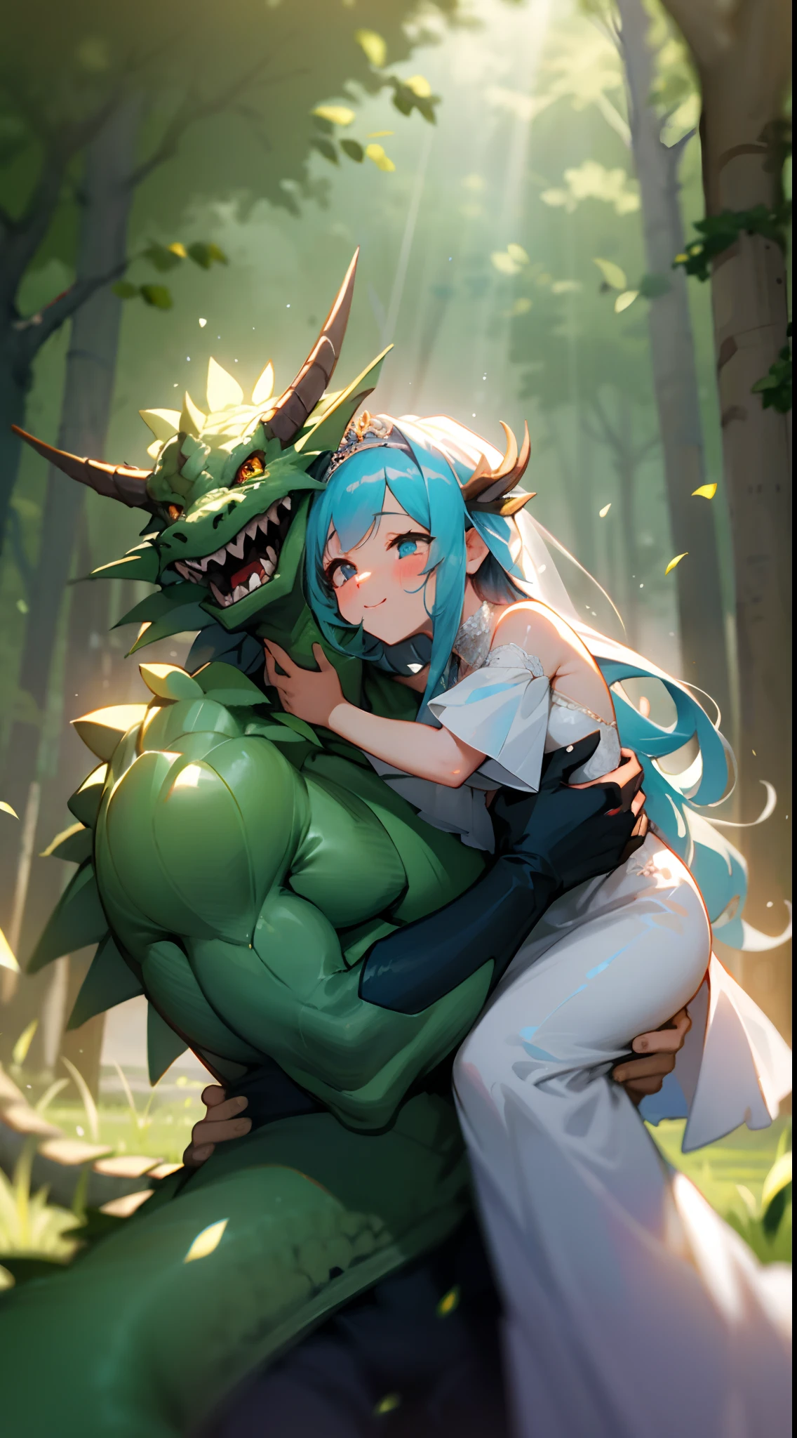 highres, top quality, best quality, paid reward available, High-quality illustrations, unparalleled masterpiece, grass field, absurdres, height difference, large dragon hugs girl((wedding Photo of a Dragon and human child girl))girl, wedding dress, girl hugs dragon, Shy laughter, torogao, happy, kiss(beautiful detailed eyes and face)caustics, dynamic lighting, deep shadow, lens flare,