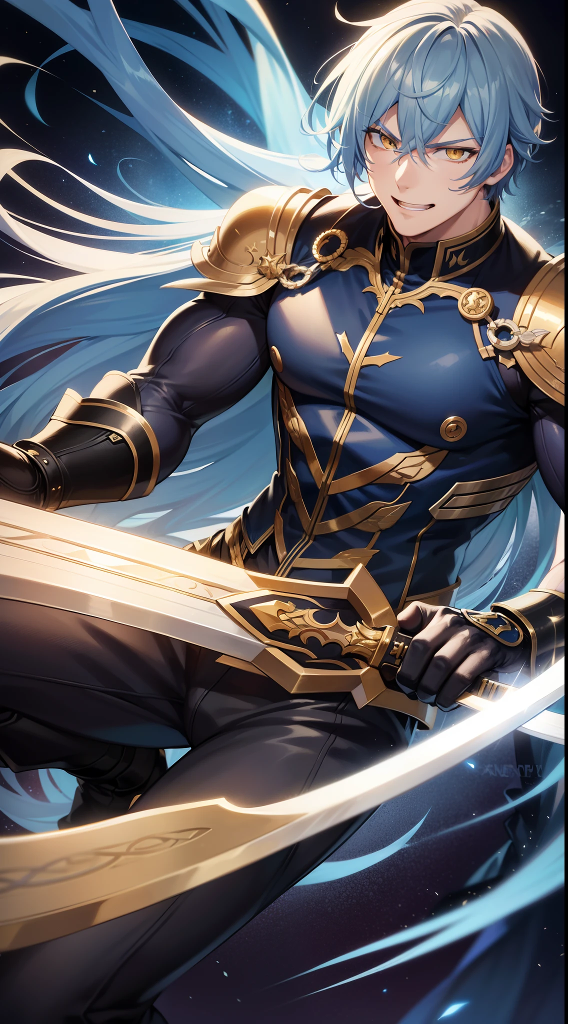 Grown-up guy, Long blue and white hair, Yellow eyes, musculature, smirk, open mouth, Black Mercenary Uniform, sword, Sleeveless, Gold Elements, Masterpiece, hiquality, higly detailed, HD, 4k