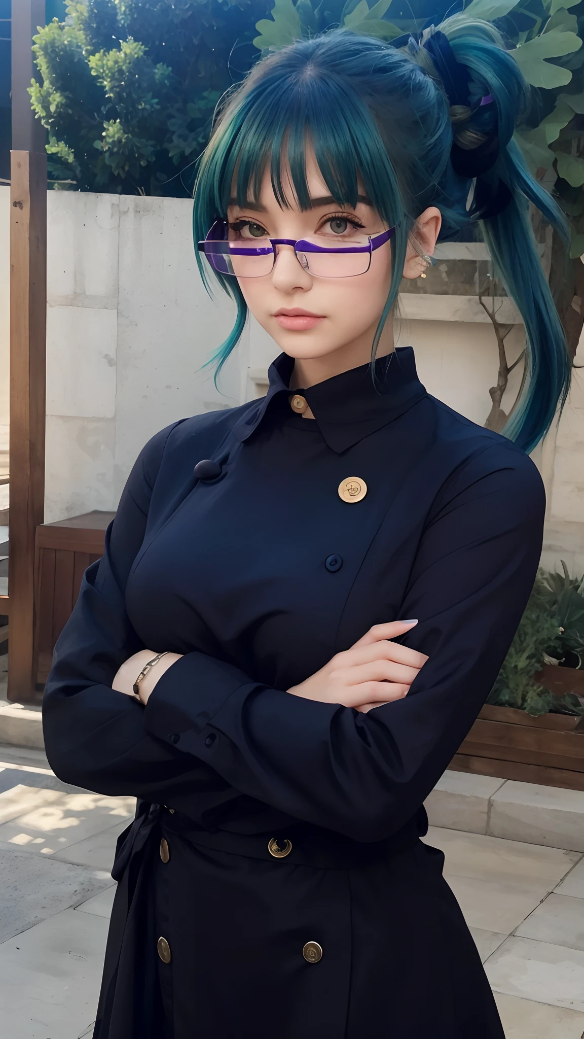 Top Quality, Masterpiece, beautiful girl with purple glasses, Scramento green hair, bangs, long hair tied at the back, big breasts, brown eyes, blue and black dress with yellow buttons