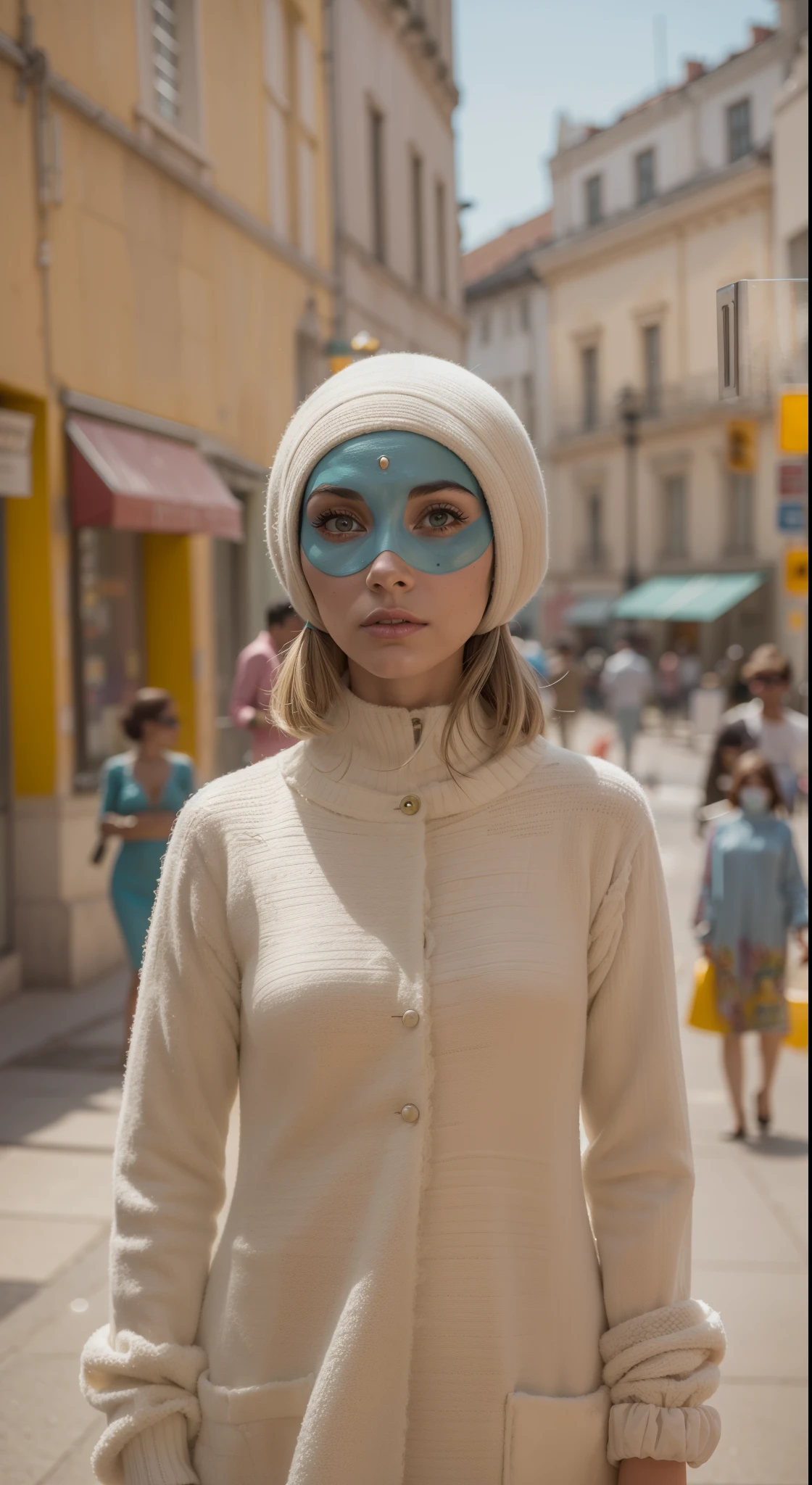 8k portrait of a 1960s science fiction film by Wes Anderson, em 1960, pastels colors, There are people wearing weird futuristic masks and wearing extravagant retro fashion outfits and men and women wearing alien makeup and old ornaments with mechanical pets in town, Luz Natural, Psicodelia, futurista estranho, fotorrealista, hiper detalhado, foco nítido, Intrinsic, Fuji filmes 55mm,