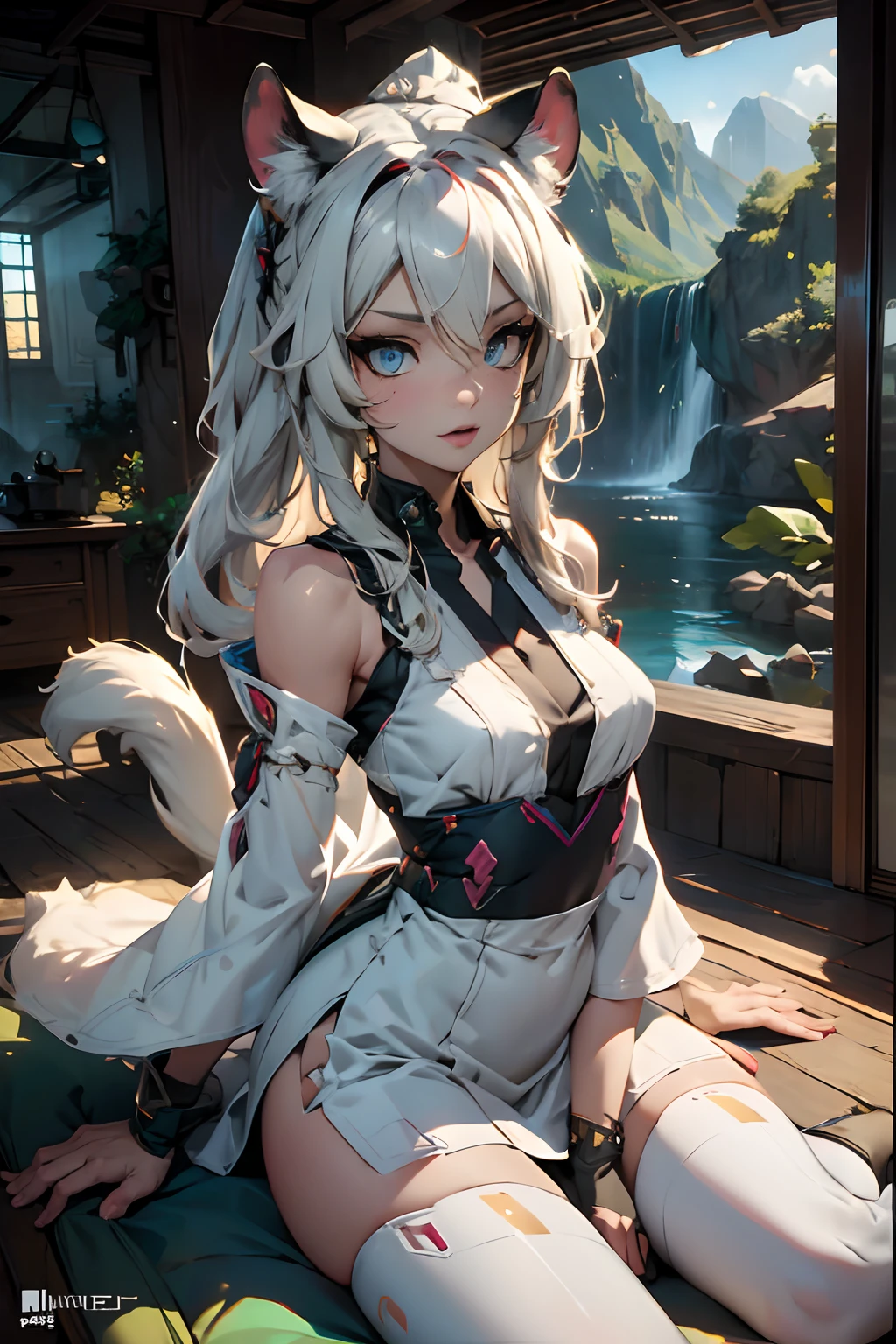 (masterpiece), best quality, expressive eyes, perfect face, animal_ears, full_body, 1girl, tail, solo, white thighhighs, necklace, leopard_ears, long sleeves, detached sleeves, white_hair, long hair, blue_eyes, jewelry, white_legwear, animal_print, black skirt, white boots, small breasts, (whisker markings), breasts, dark_skin, armor, silver_hair, leopard tail, strapless, fur_trim, cat_ears, detailed jungle scenery