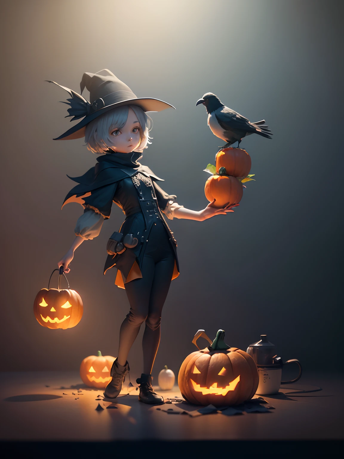 A detailed illustration friendly scarecrow with jack o-lanterns around, holding a black crow, magic, t-shirt design, Halloween style, black color , light magic splash, gothic, t-shirt design, in the style of Studio Ghibli, pastel tetradic colors, 3D vector art, cute and quirky, fantasy art, watercolor effect, bokeh, Adobe Illustrator, hand-drawn, digital painting, low-poly, soft lighting, bird's-eye view, isometric style, retro aesthetic, focused on the character, 4K resolution, photorealistic rendering, using Cinema 4D