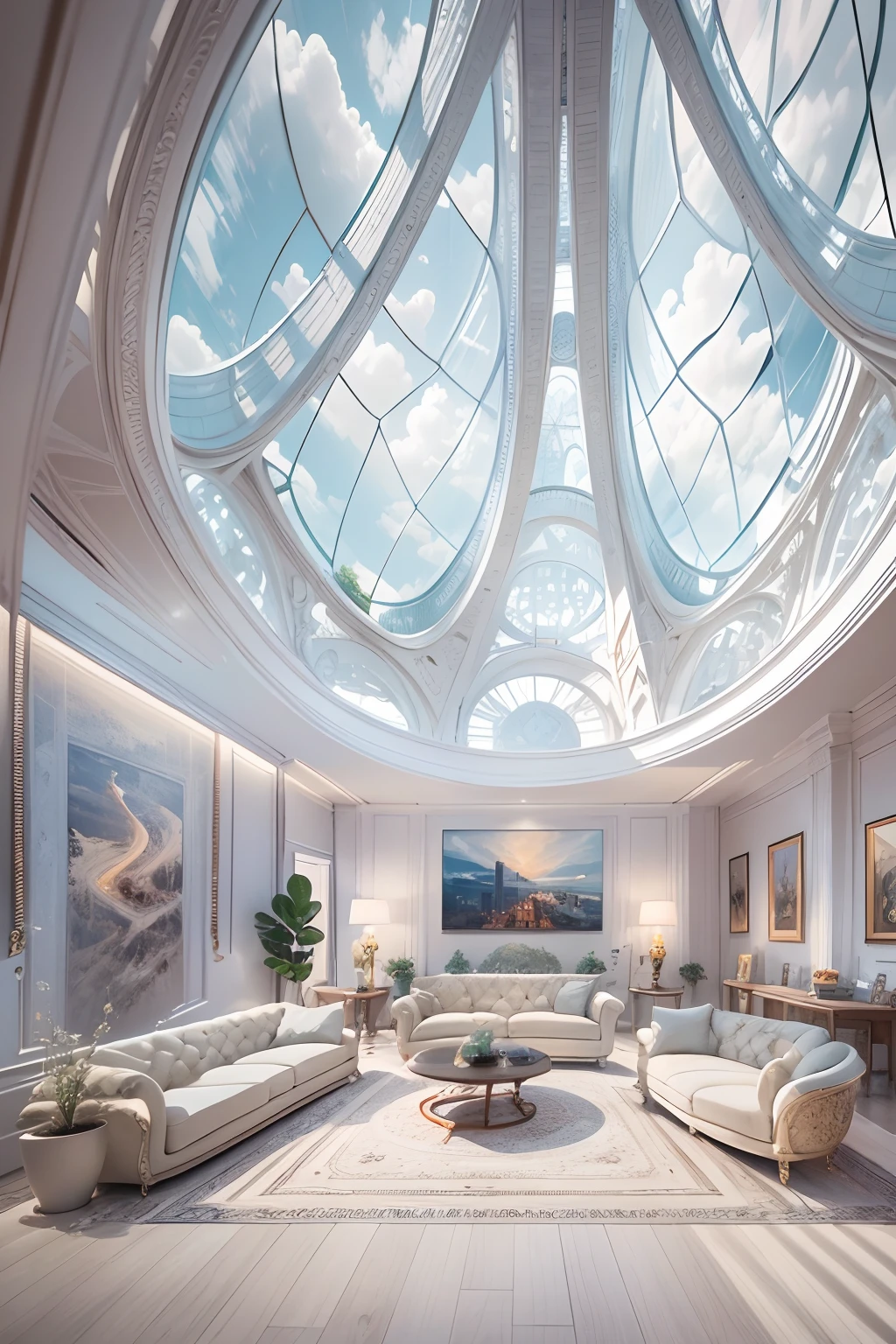 Drawing room，There is a wall in the middle of the drawing room,The painting on the wall is in the middle, Paintings on the walls, skyscape, Large airy windows, Zaha Hadid and Santiago Calatrava landscape panoramic style, Fish, Clear light, Edge lighting, Perfect image, Building summary style, 16k UE5. superfine, 8K, hdr, Product photography, Depth of field, Nikon D850, Ultra-realistic, no contrast, clean sharp focus, professional, No blurring