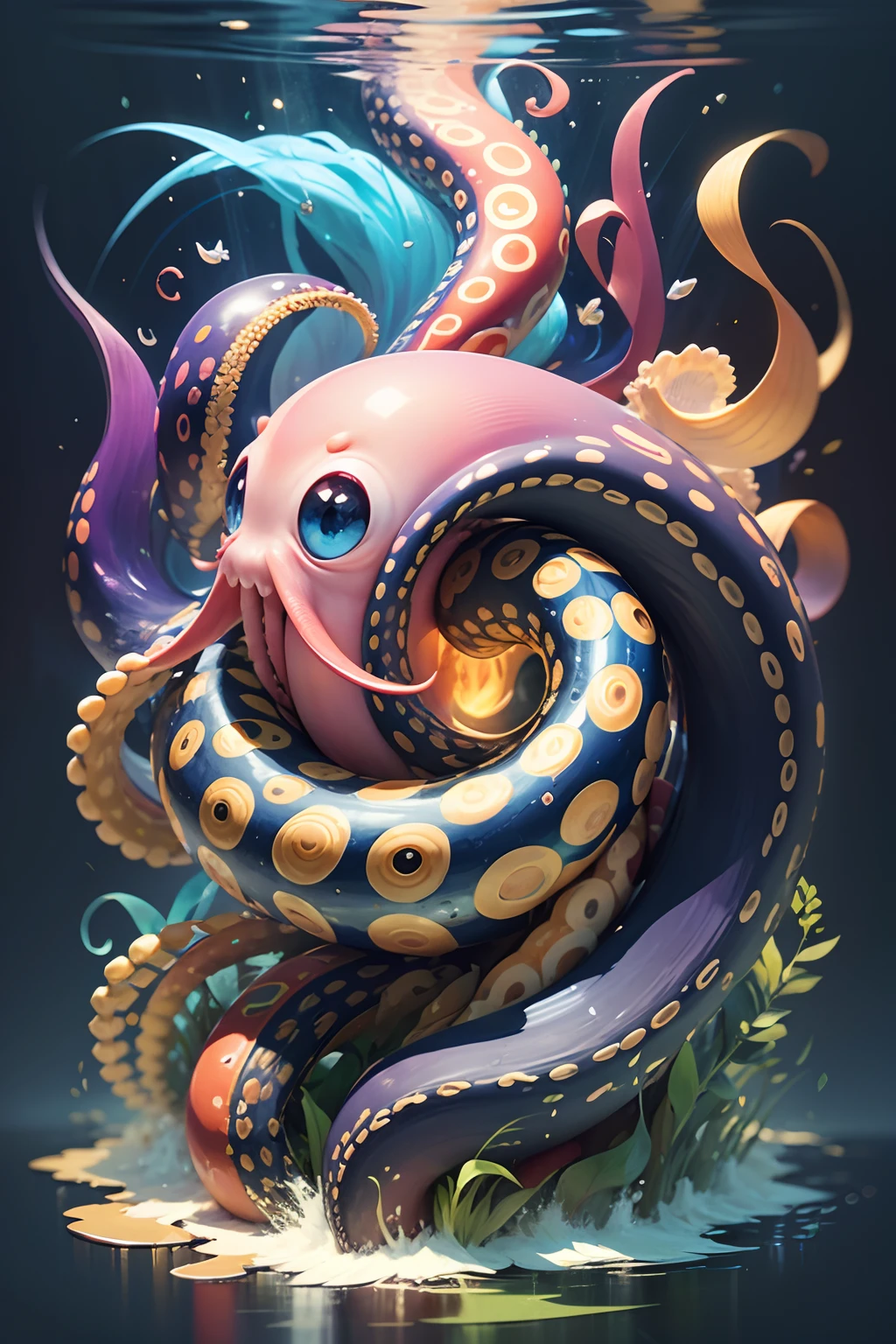 An emblematic logo of an octopus of vibrant colors, water elements, design simples, arte vetorial, mínimo futuristic anime in Japan without background
