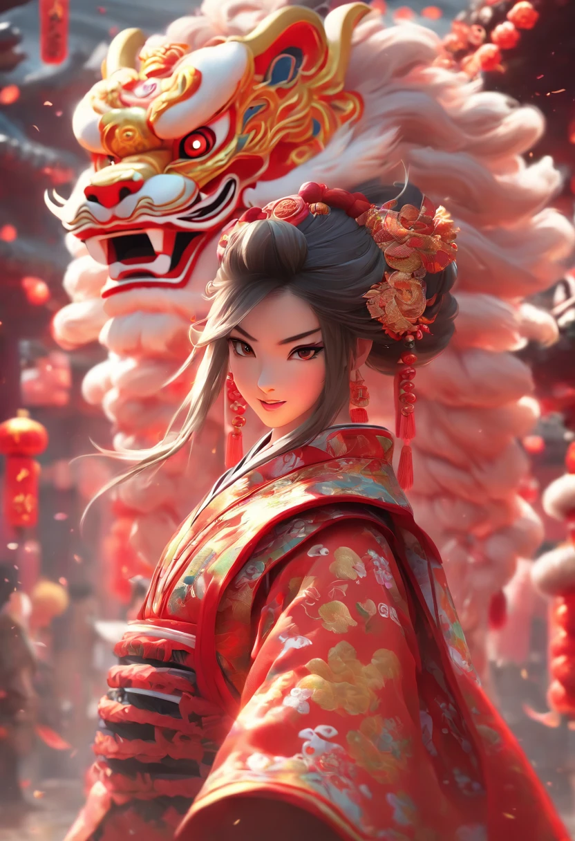 China-style，Guangzhou lion dance girl，samurai clothing，highly detailed surreal vfx，Smudge，super-fine，ultra - detailed，high qulity，8K ，oc rendered，full body pov