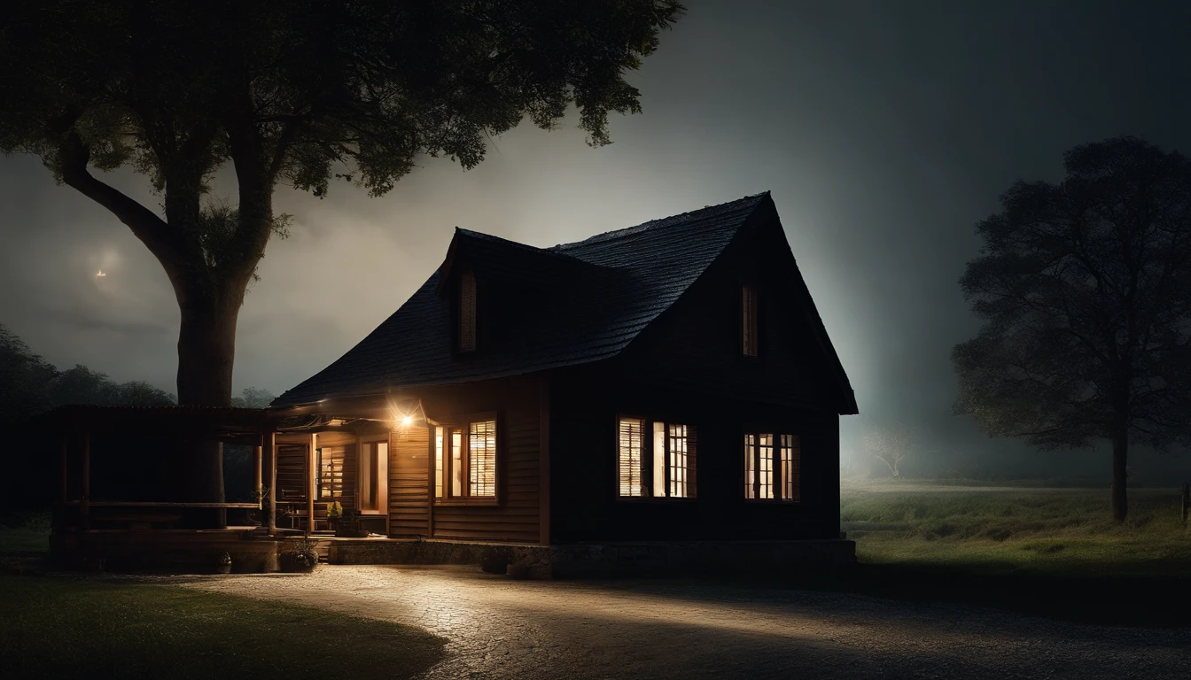 deep in the night,rays of moonlight,Tano,A small house on the side of the road,Light shines through the windows,one tree,k hd,8K,Masterpiece, Best quality, {Best quality}, {{Masterpiece}}, {A high resolution},