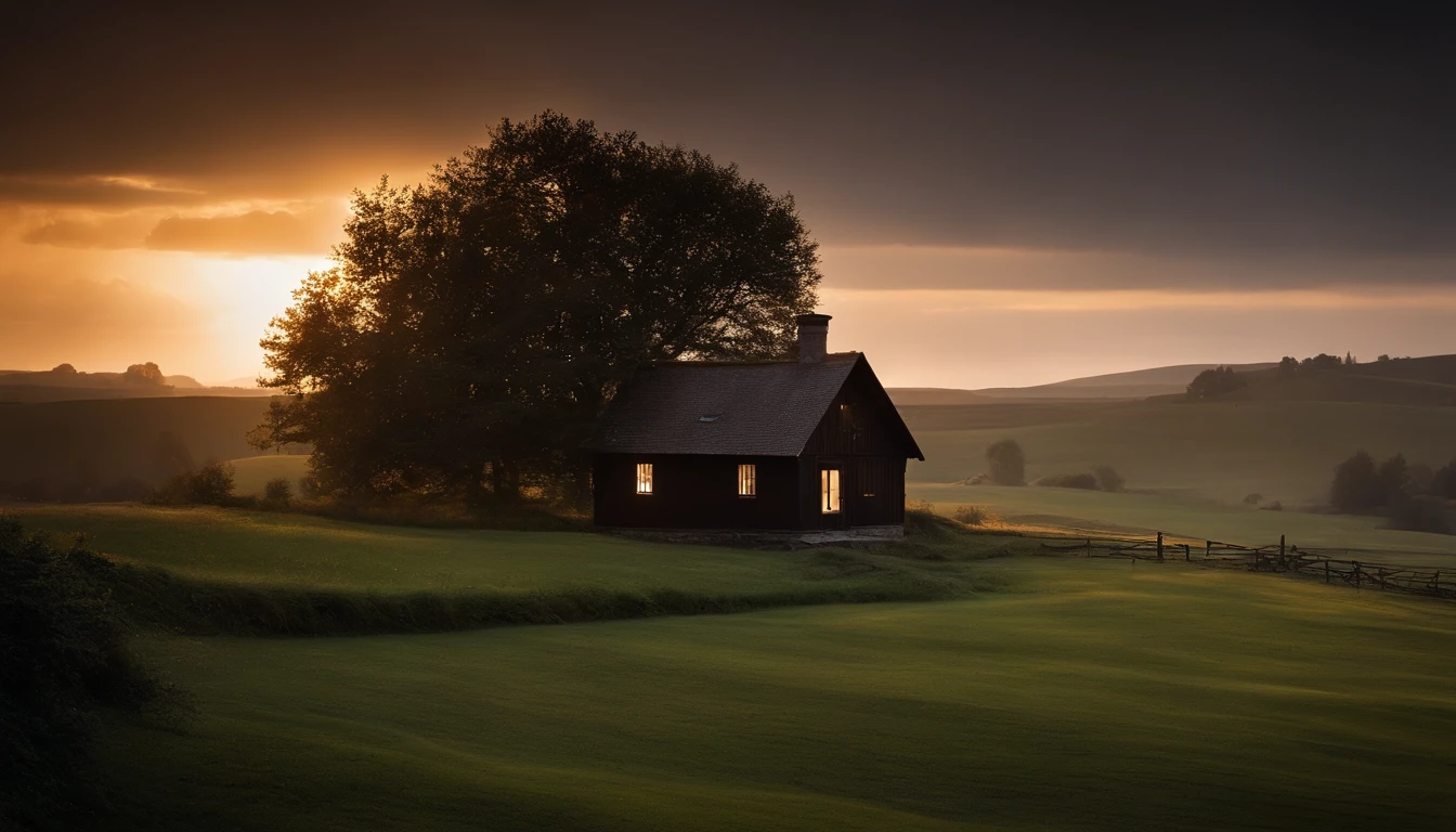 deep in the night,rays of moonlight,Tano,A small house on the side of the road,Light shines through the windows,one tree,k hd,8K,Masterpiece, Best quality, {Best quality}, {{Masterpiece}}, {A high resolution},