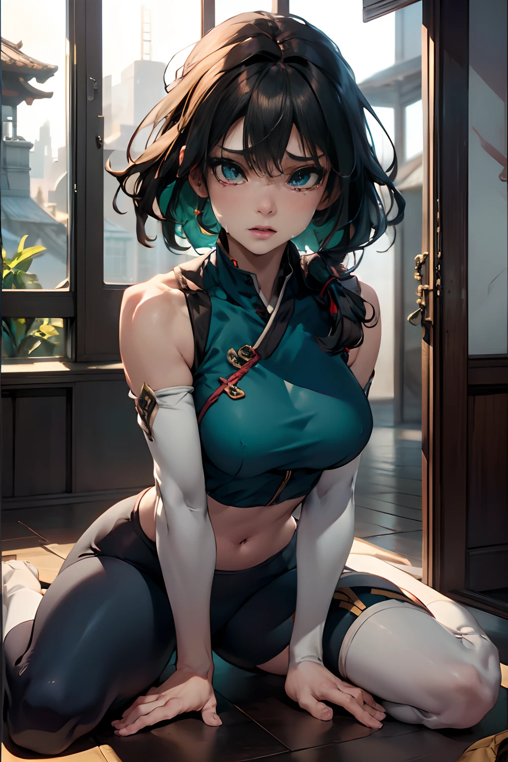 1girl, detailed, solo, depth of field, dojo, inside, kung fu outfit, gauntlets, ((hands on floor)), between legs, messy hair, gradient eyes, midriff, sobbing, (streaming tears), blue highlights, green undertone, orange highlights, (masterpiece), best quality,