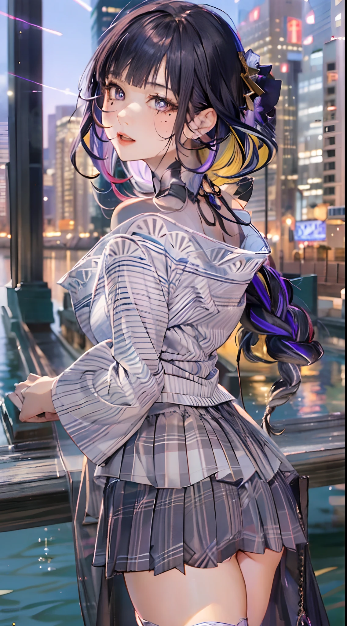 (extremely details CG、Unity、8K Wallpapers)、(extremely delicate and beautiful)、(​masterpiece)、(top-quality:1.0)、(超A high resolution:1.0)、beautiful  lighting、perfect lightning bolt、realistic shadow、[hight resolution]、Detailed skin、ultra-detailliert、detailed faces and eyes、Realistic eyes、Sharp pupils、cowboy  shot,  (Vibrant city skyline reflected on the tranquil waterfront:1.4)、Evening glow、beauitful face、blurry backround、16-year-old beautiful girl、shinny skin、poneyTail、Beautiful black hair、Blunt bangs、eyes are brown、student clothes、Plaid miniskirt、knee sox、Black socks、Curve、Smile with open mouth