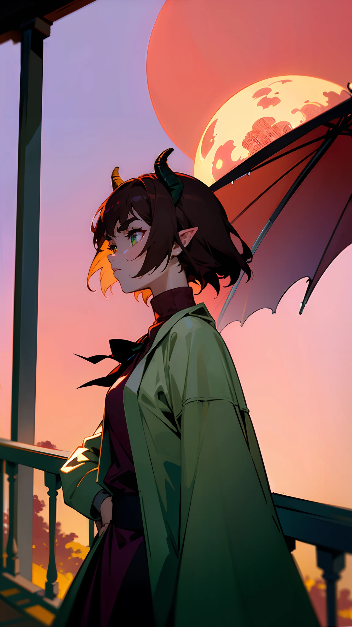 Candid Shot Picture, Volumetric Lighting, Best Shadows, Shallow Depth of Field, Portrait Of Stunningly Beautiful character ,Alluring Sharp Eyes, Sharp Eyebrows, Enjoying The Scenery, Cross On The Red Turtleneck Shirt, Long Sleeve, Red Sky At Night, Clouds, School Rooftop, Under Red Moon, Rooftop Guardrails, Villagescape, Facing Away, Side View of Leaning On Railing, (Highest Quality, Amazing Details:1.25), (Solo:1.3), Brilliant Colorful Paintings , Pretty woman , short hair , brown hair , dragon horns , bright green eyes , pointed ears , thin eyebrows , light skin