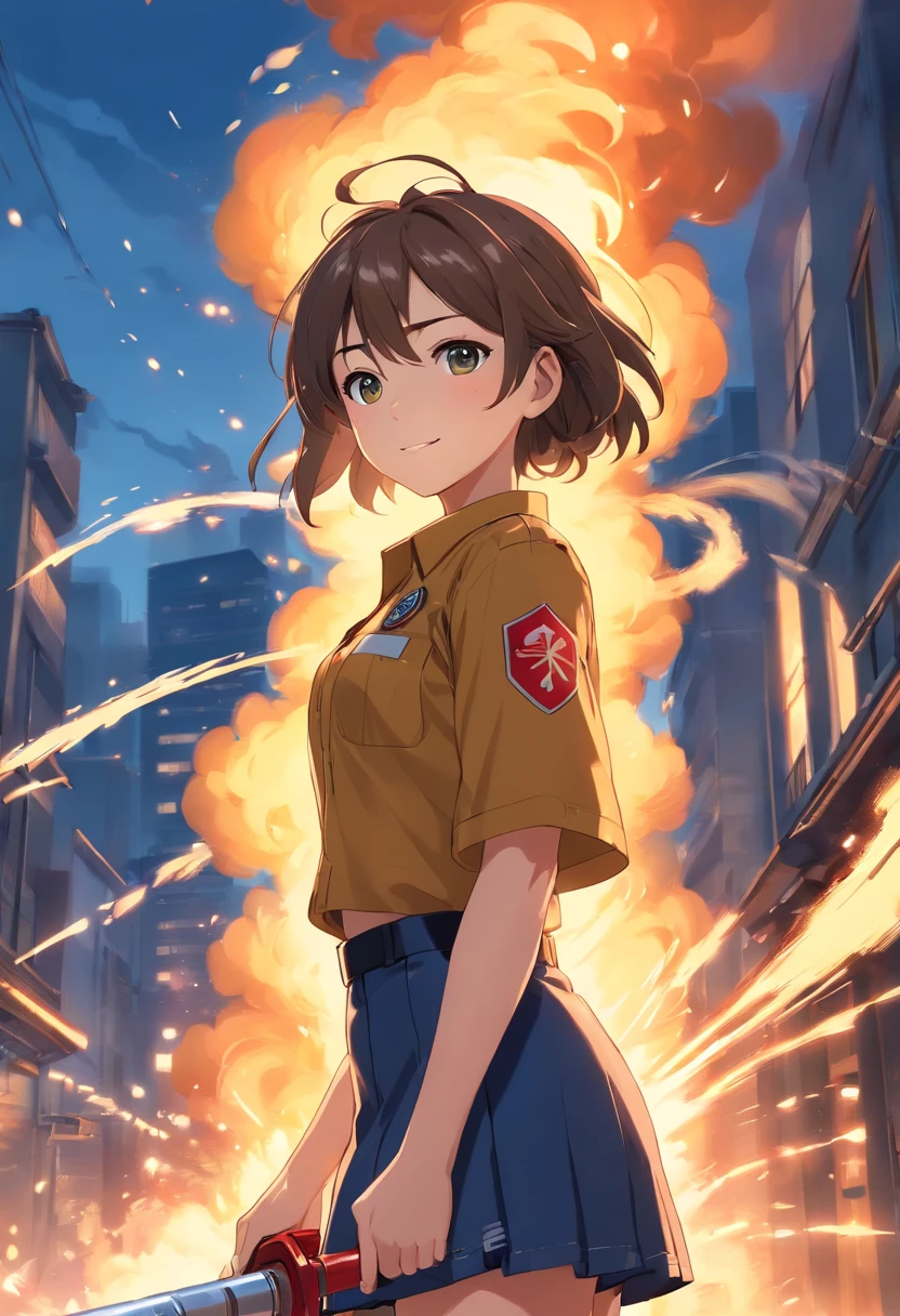 (best quality,ultra-detailed),1 girl, firefighter, wearing firefighter uniform, female, miniskirt, beautiful detailed eyes, beautiful detailed lips, smile, intense expression, confident, standing tall, fire hose in hand, flames in the background, dynamic pose, golden sunlight, dramatic lighting, strong and vibrant colors, action-packed scene, smoke, sparks flying, heroic, brave, determined, powerful, high-resolution texture, realistic style, digital painting, cinematic, captivating, adrenaline rush