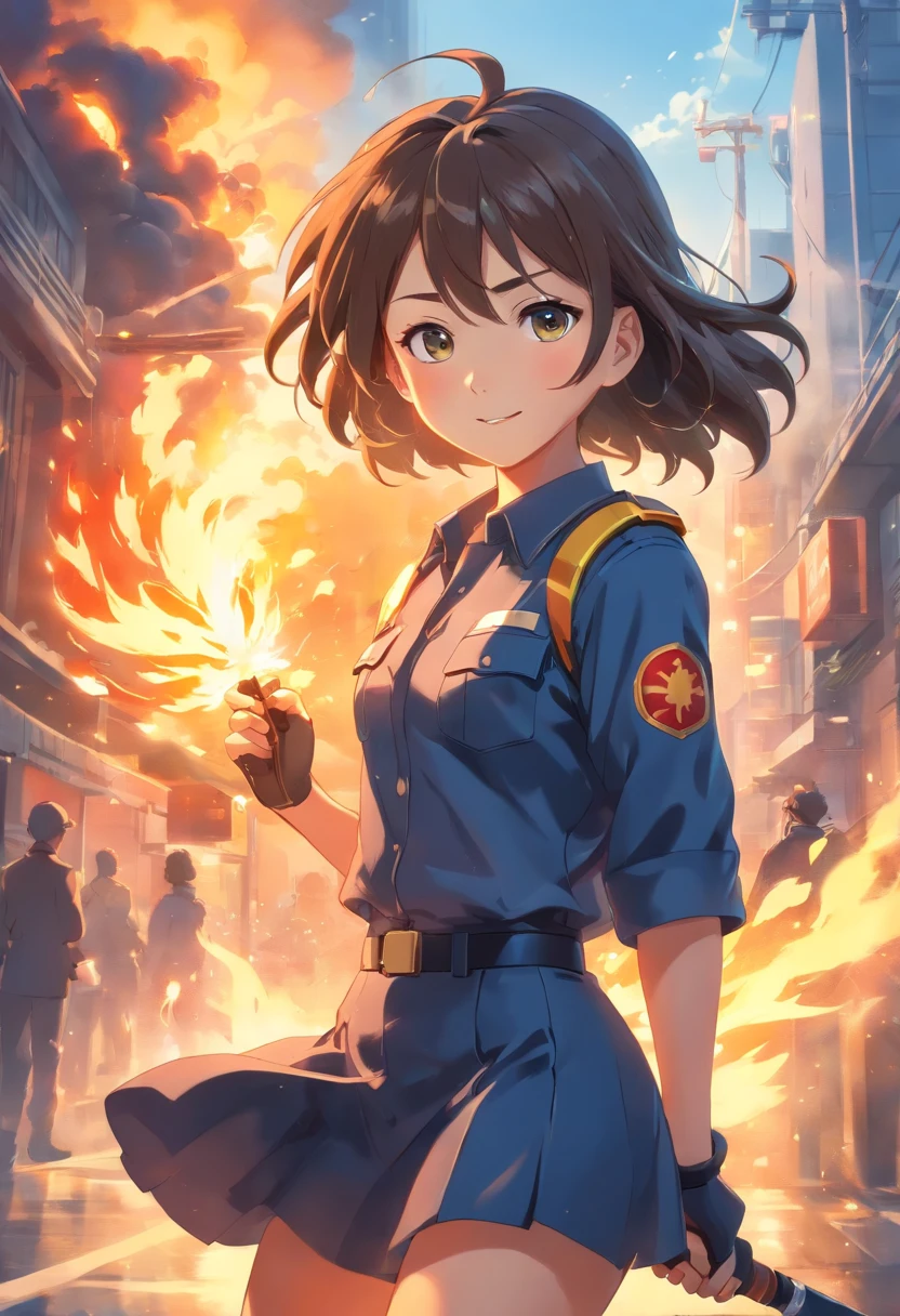 (masutepiece:1.3),(Best Quality:1.3),(超A high resolution:1.3),(4K:1.3),(8K:1.3),(Realistic:1.3),(photographrealistic:1.3),(Hyper realistic:1.3),(Smoother lighting:1.3),(Ultra Detail:1.3),(increase cinematic lighting quality:1.3),(Realistic lighting:1.3),(Increase quality:1.3),(Crisp focus:1.3),(Fighting Fire:1.3),(disasters:1.3),(In more than one:1.6),(1girl in:1.6),(10 years old:1.3),Surreal Girl,Cute Girl,japanaese girl,pale skin,shiny_skin,No makeup,(Petite:1.6),light brown hair,Very short hair,(Protruding milk:1.3),Smile,beautiful faces detailed,Blue eyes,Beautiful detailed eyes,(Normal breasts),(((Dressing,Firefighter's clothing))),(She is a firefighter..)