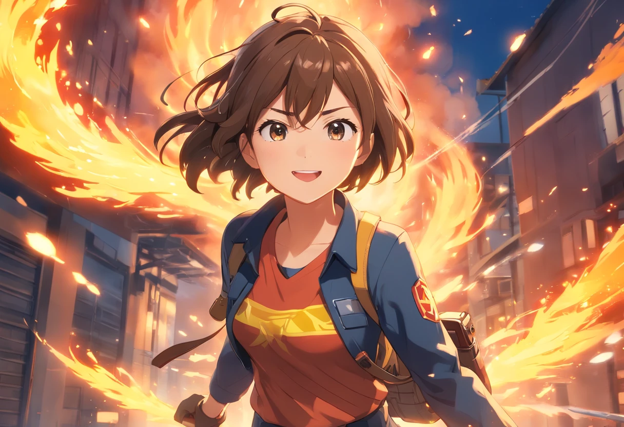 (best quality,ultra-detailed),1 girl, firefighter, wearing firefighter uniform, female, miniskirt, beautiful detailed eyes, beautiful detailed lips, smile, intense expression, confident, standing tall, fire hose in hand, flames in the background, dynamic pose, golden sunlight, dramatic lighting, strong and vibrant colors, action-packed scene, smoke, sparks flying, heroic, brave, determined, powerful, high-resolution texture, realistic style, digital painting, cinematic, captivating, adrenaline rush