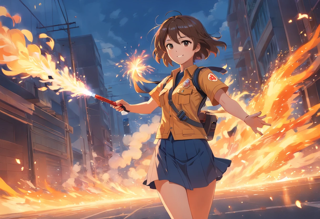 (best quality,ultra-detailed),1 girl, firefighter, wearing firefighter uniform, female, miniskirt, beautiful detailed eyes, beautiful detailed lips, smile, intense expression, confident, standing tall, fire hose in hand, flames in the background, dynamic pose, golden sunlight, dramatic lighting, strong and vibrant colors, action-packed scene, smoke, sparks flying, heroic, brave, determined, powerful, high-resolution texture, realistic style, digital painting, cinematic, captivating, adrenaline rush