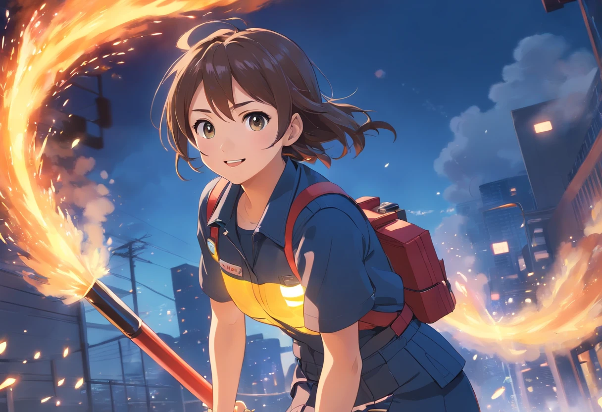 (best quality,ultra-detailed),1 girl, firefighter, wearing firefighter uniform, female, miniskirt, beautiful detailed eyes, beautiful detailed lips, smile, intense expression, confident, standing tall, fire hose in hand, flames in the background, dynamic pose, golden sunlight, dramatic lighting, strong and vibrant colors, action-packed scene, smoke, sparks flying, heroic, brave, determined, powerful, high-resolution texture, realistic style, digital painting, cinematic, captivating, adrenaline rush