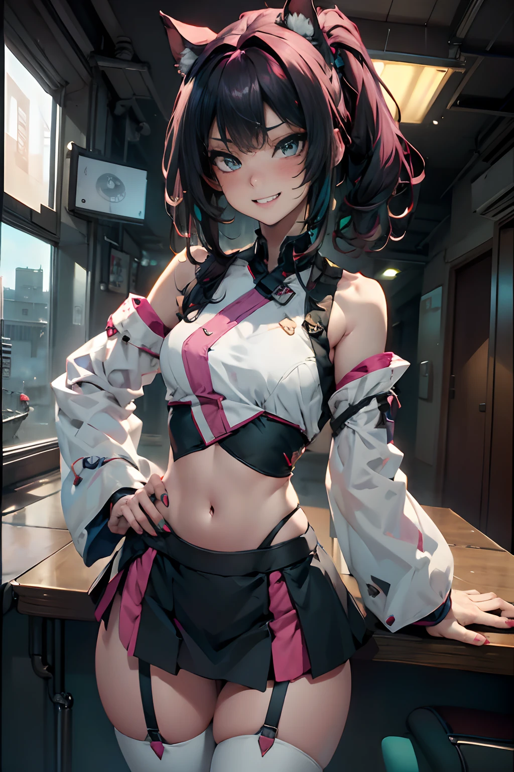 1girl, nail_polish, red_nails, smile, thighhighs, pink_nails, solo, long_hair, skirt, animal_ears, breasts, cat_ears, navel, bangs, looking_at_viewer, detached_sleeves, leaning_forward, bow, hand_on_hip, black_nails, bare_shoulders, grin, blue_nails, garter_straps, standing, midriff, green_nails, fingernails, blunt_bangs, multicolored_nails, underwear, purple_nails, small_breasts, teeth, striped, multicolored, pleated_skirt, panties, blush, green_eyes, miniskirt, eyebrows_visible_through_hair, long_sleeves, (background: centered, liquid, fog)