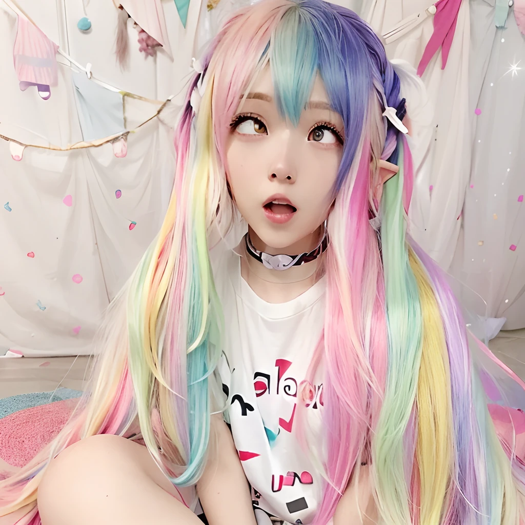 arafed woman sitting on the floor, two color hair, long hair with pastel colors, aurora colored hair, colorful pastel, lalisa manobal, hair coloring, multicolored hair, colourful long hair, two tone hair dye, colorful hair, gradient hair, pastel color, colored hair, light iridescent hair color, smiling, happy, smile, bedhair