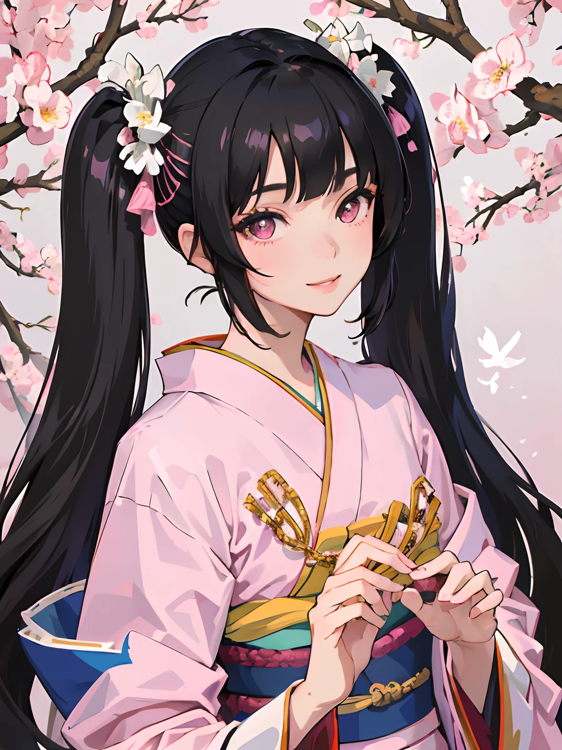 ((masterpiece, best quality)), (1girl),(mature), (solo), (female focus), (hime hair, black hair, long hair, twintail, straight bangs),pink eyes, ((pink kimono)), elegant, smile, portraits, close up, upper body, spring city background